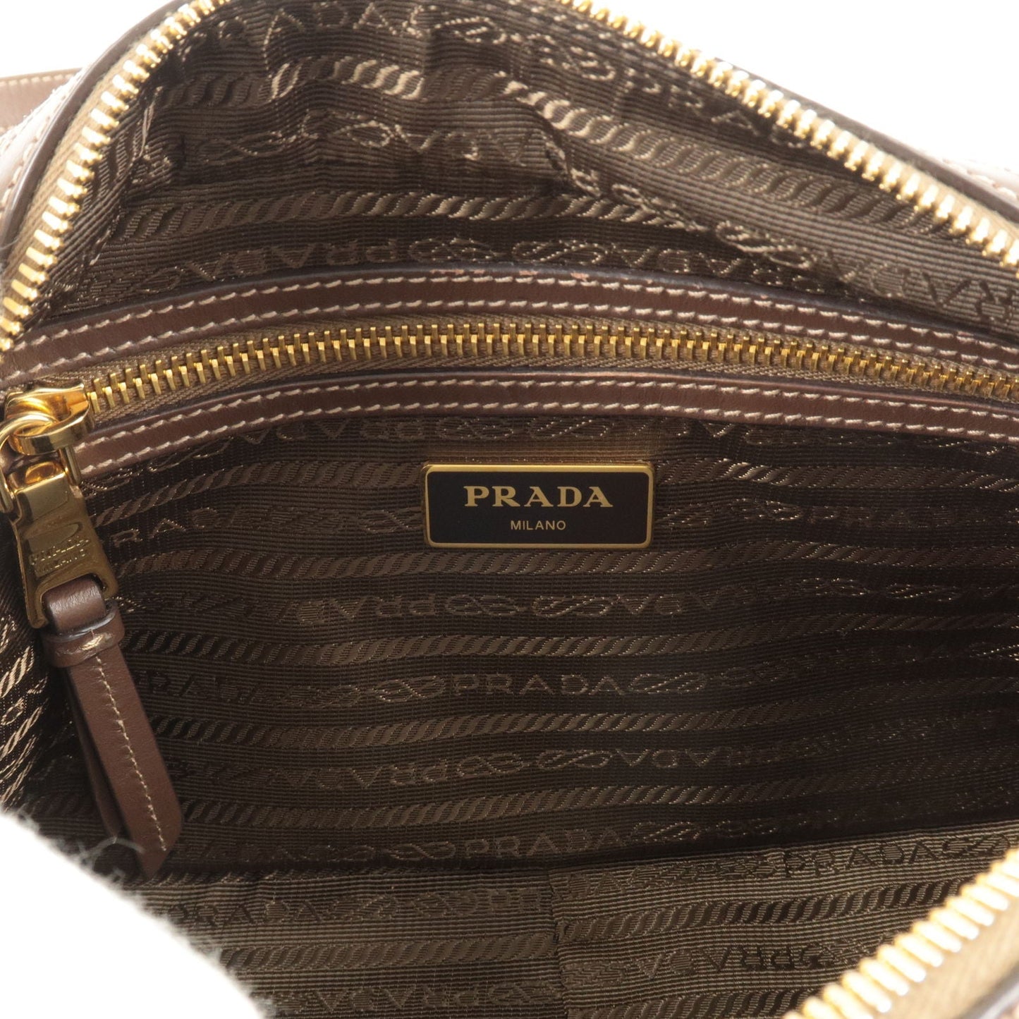 PRADA Logo Jacquard Leather Shoulder Bag Beige Brown 1BH089