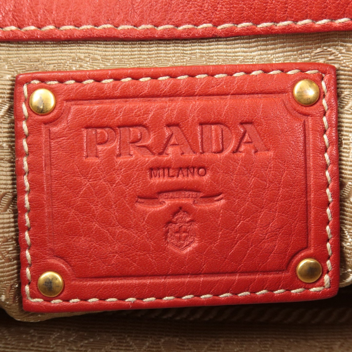 PRADA Logo Jacquard Canvas Leather 2Way Shoulder Bag Beige Red