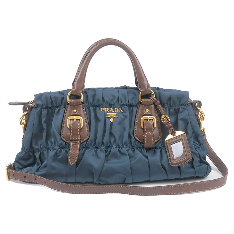 PRADA Gather Nylon Leather 2Way Bag Hand Bag Blue Brown