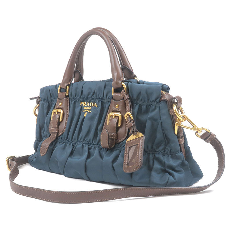 PRADA Gather Nylon Leather 2Way Bag Hand Bag Blue Brown