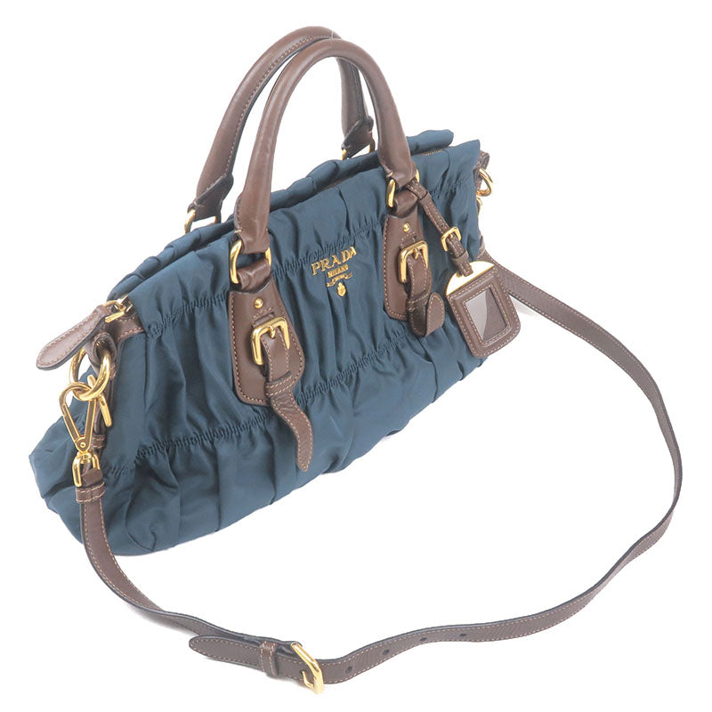 PRADA Gather Nylon Leather 2Way Bag Hand Bag Blue Brown