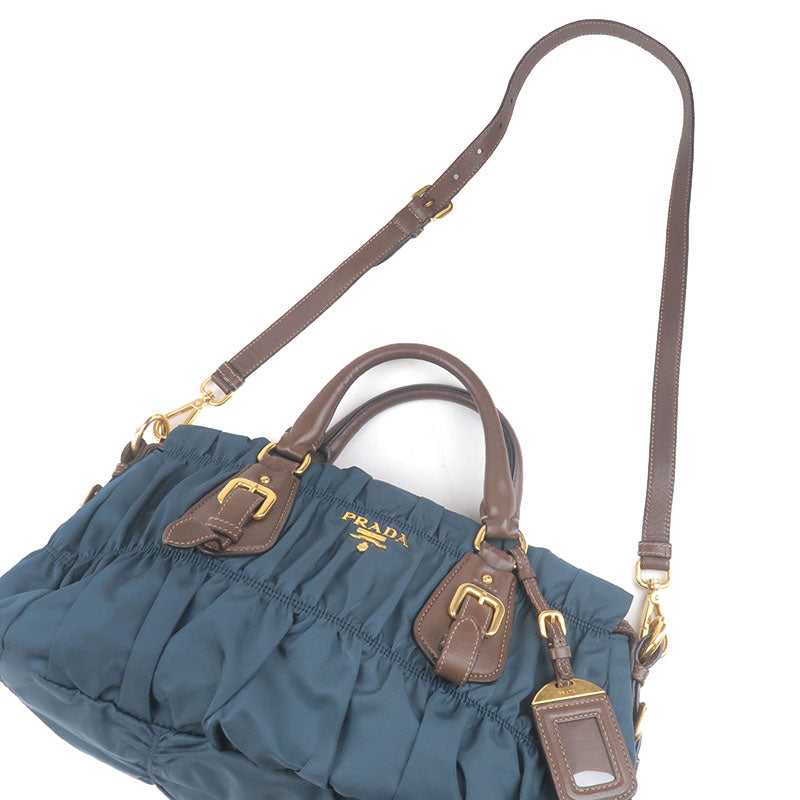 PRADA Gather Nylon Leather 2Way Bag Hand Bag Blue Brown