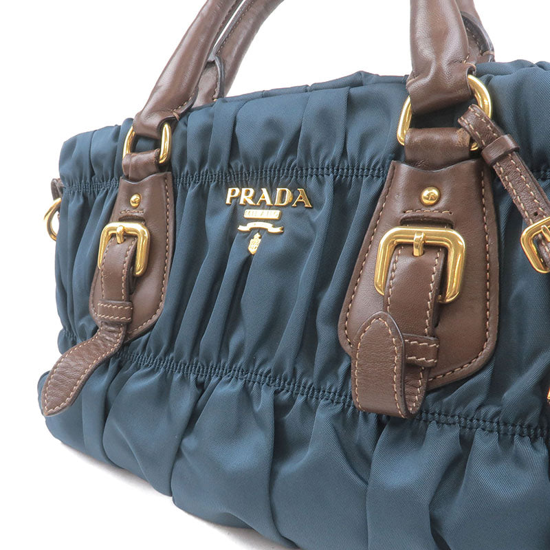 PRADA Gather Nylon Leather 2Way Bag Hand Bag Blue Brown