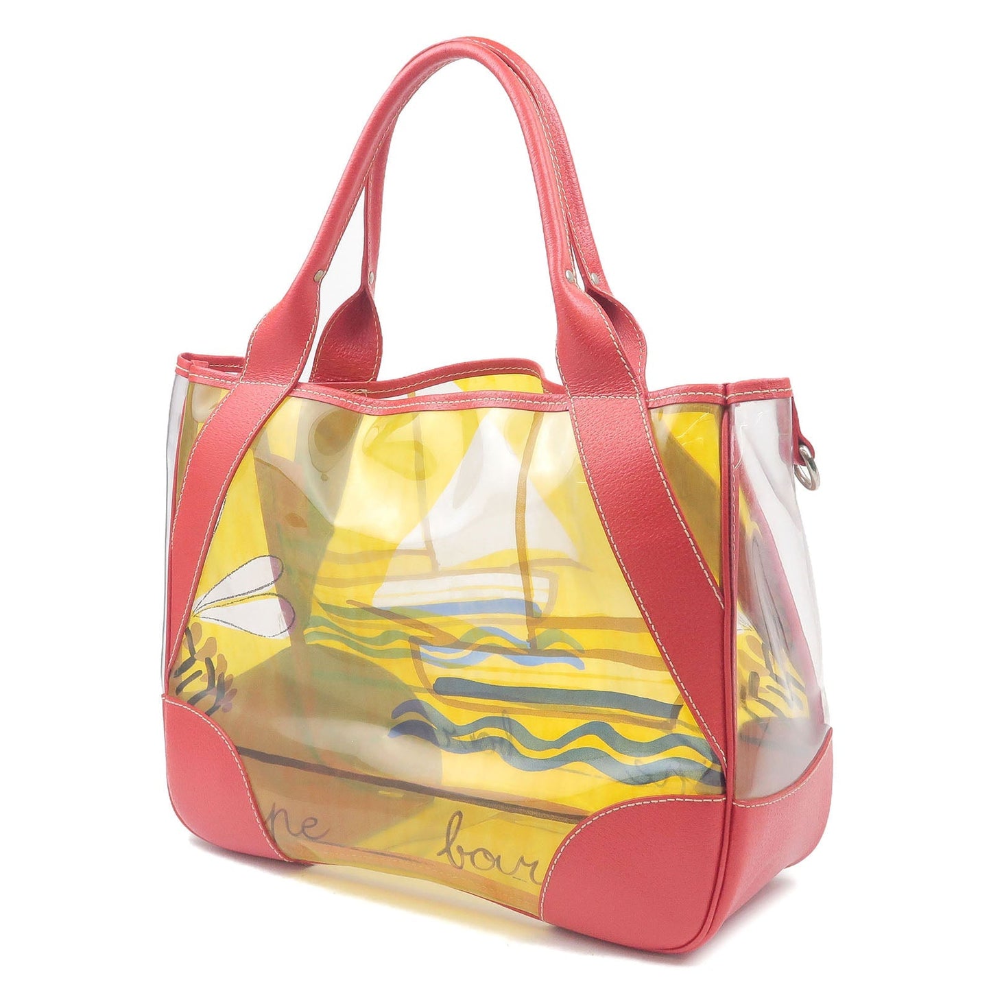 PRADA Vinyl Leather Print Tote Bag Beach Bag Clear Red