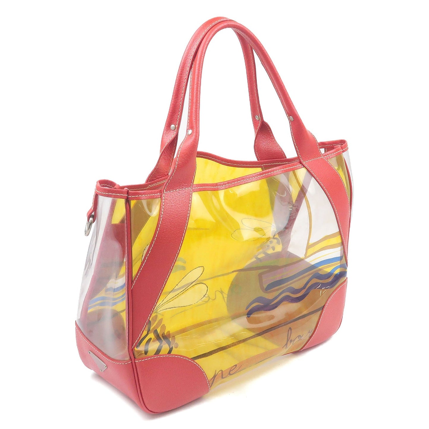 PRADA Vinyl Leather Print Tote Bag Beach Bag Clear Red