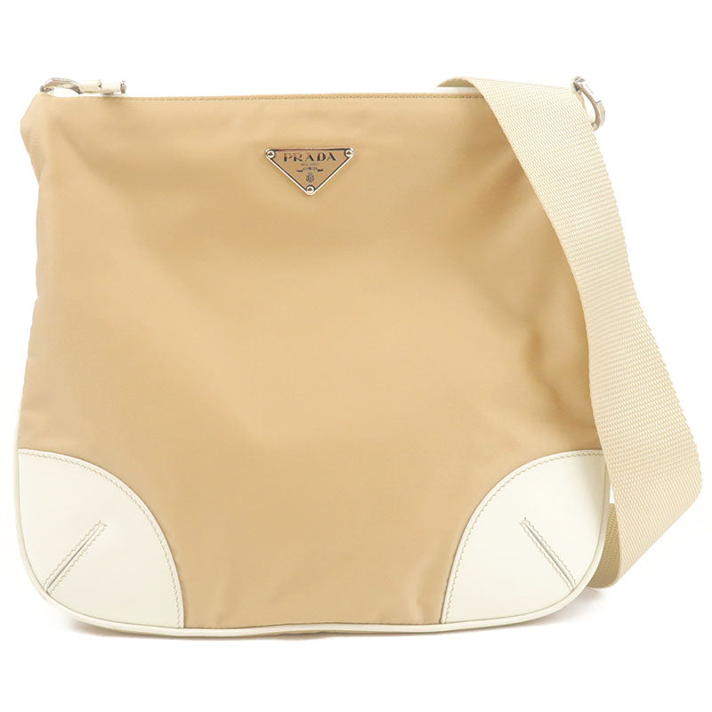 PRADA Nylon Leather Shoulder Bag Beige White