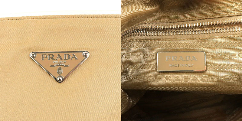 PRADA Nylon Leather Shoulder Bag Beige White