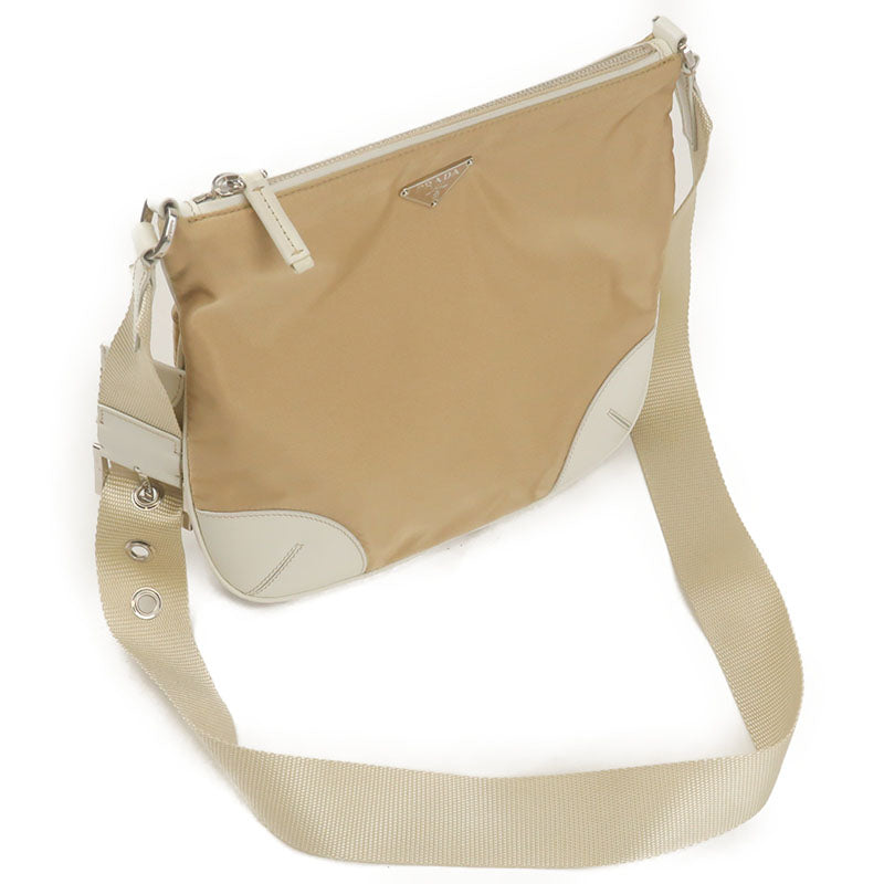 PRADA Nylon Leather Shoulder Bag Beige White