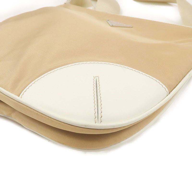 PRADA Nylon Leather Shoulder Bag Beige White