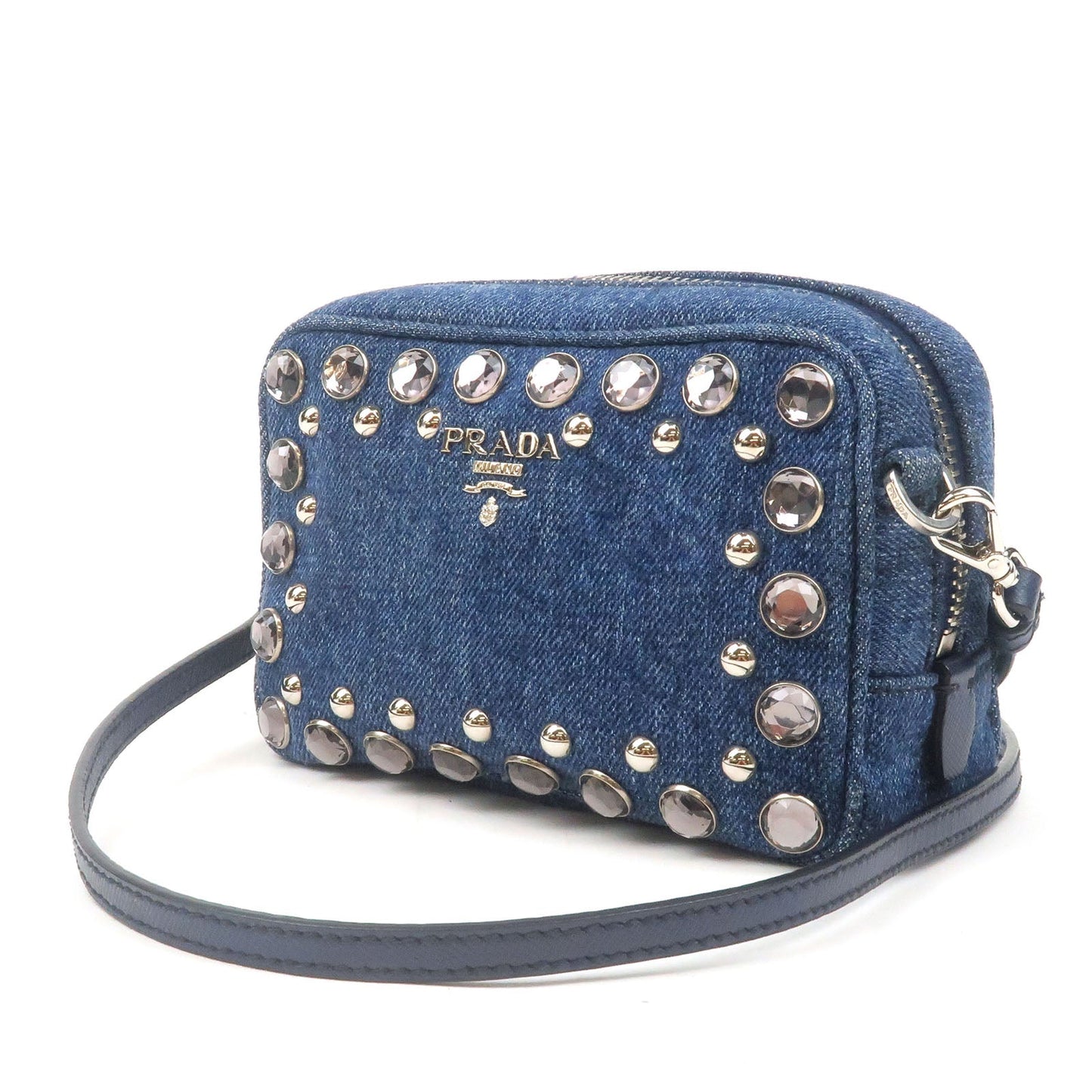 PRADA Bijou Denim Leather Shoulder Bag DENIM Blue 1NF674