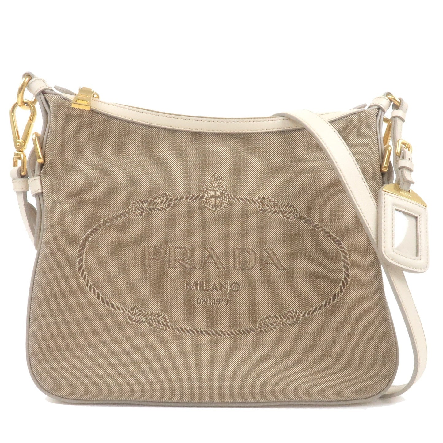 PRADA Logo Jacquard Leather Shoulder Bag Beige Ivory BT0706