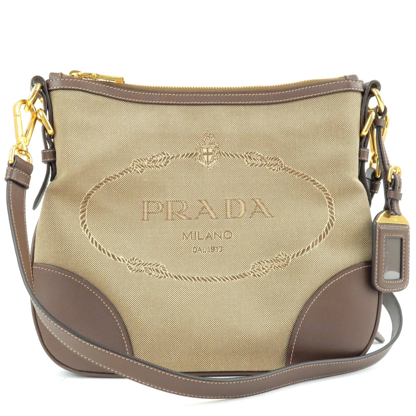 PRADA Logo Jacquard Leather Shoulder Bag Beige Brown BT867A