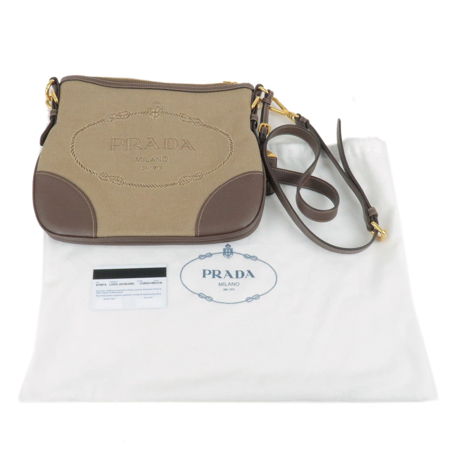 PRADA Logo Jacquard Leather Shoulder Bag Beige Brown BT867A