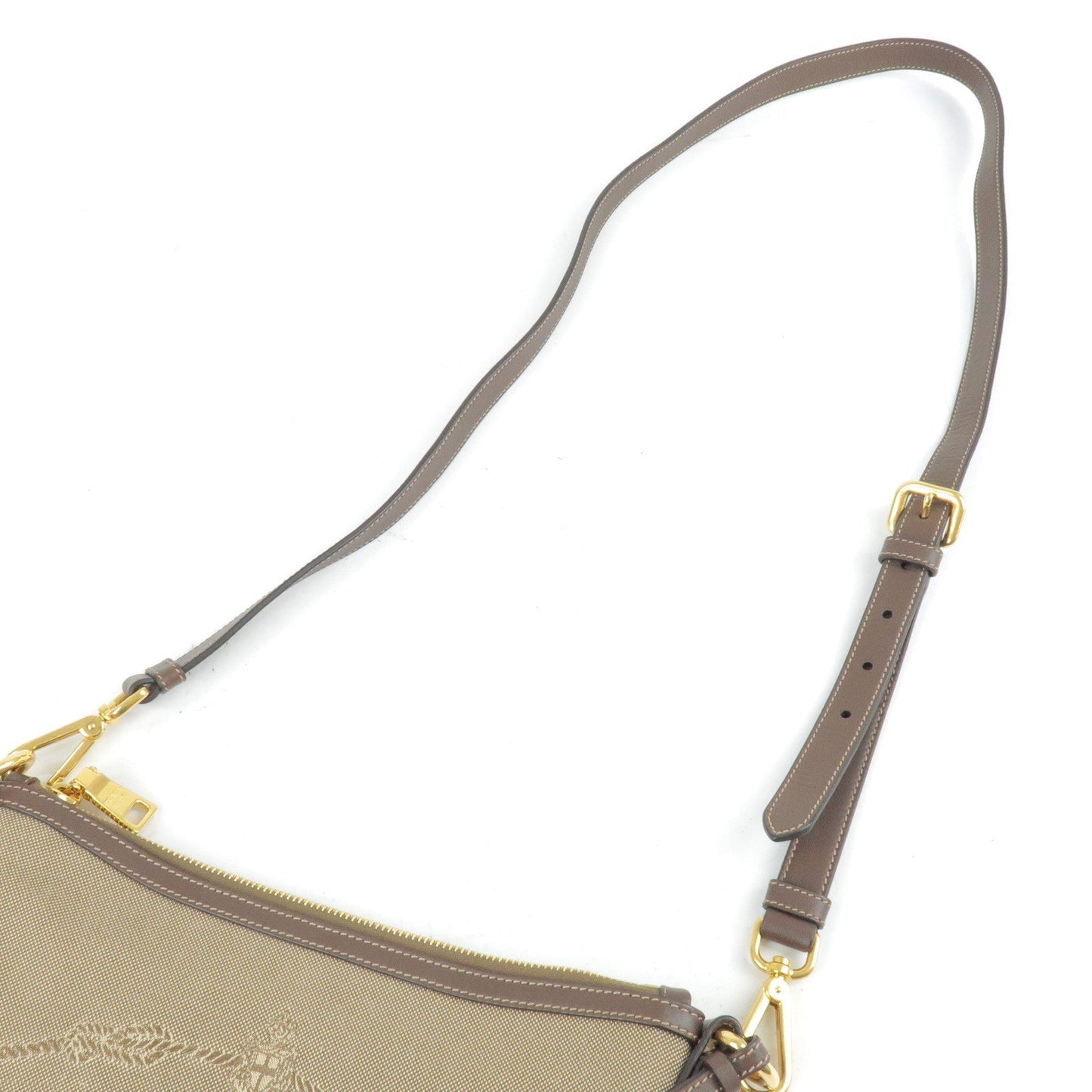 PRADA Logo Jacquard Leather Shoulder Bag Beige Brown BT867A