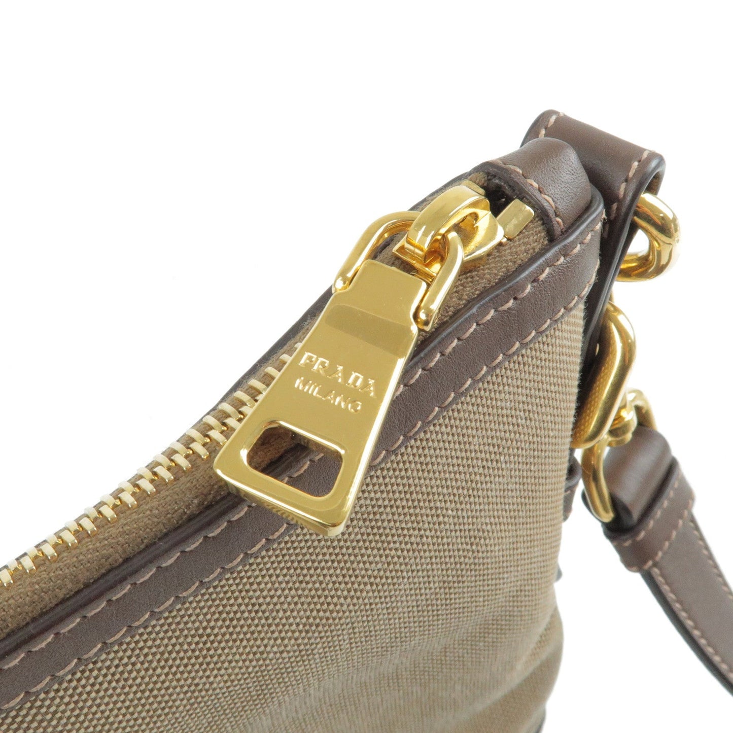 PRADA Logo Jacquard Leather Shoulder Bag Beige Brown BT867A