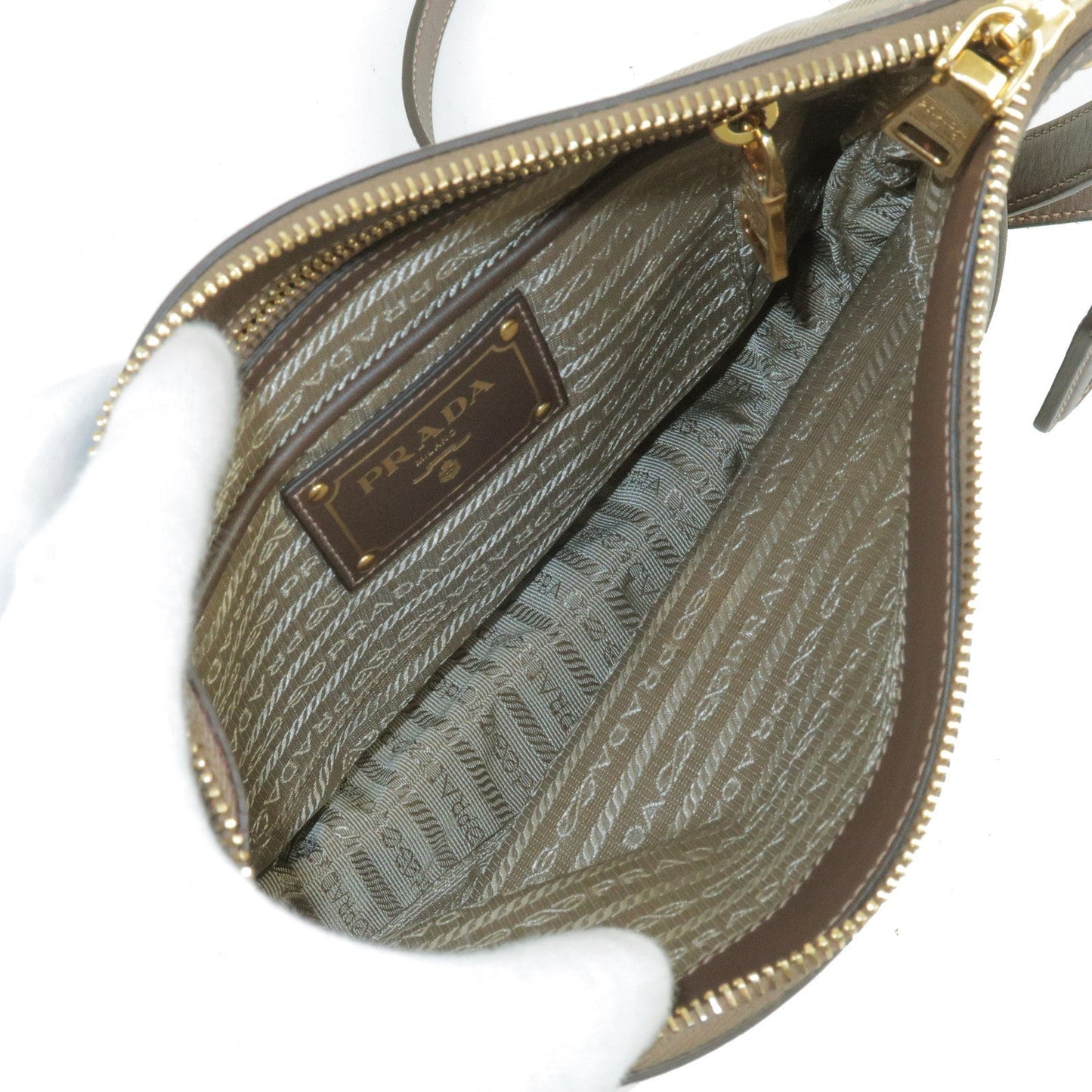 PRADA Logo Jacquard Leather Shoulder Bag Beige Brown BT867A