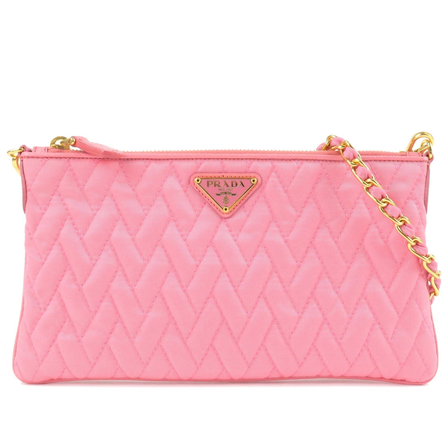 PRADA Logo Nylon Leather Chain Shoulder Bag Pink 1M1283