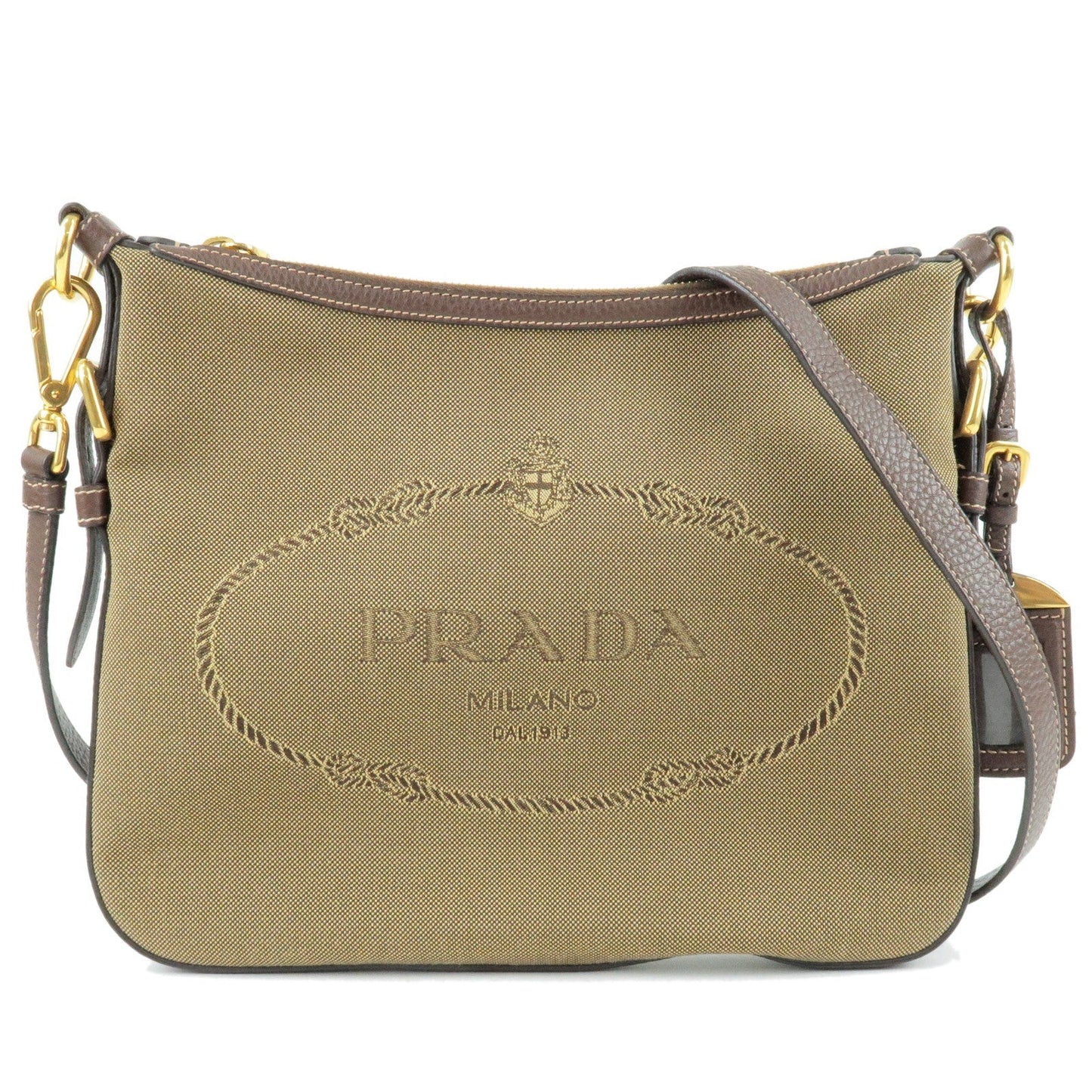 PRADA Nylon Jaquard Leather Shoulder Bag Beige Brown BT0706