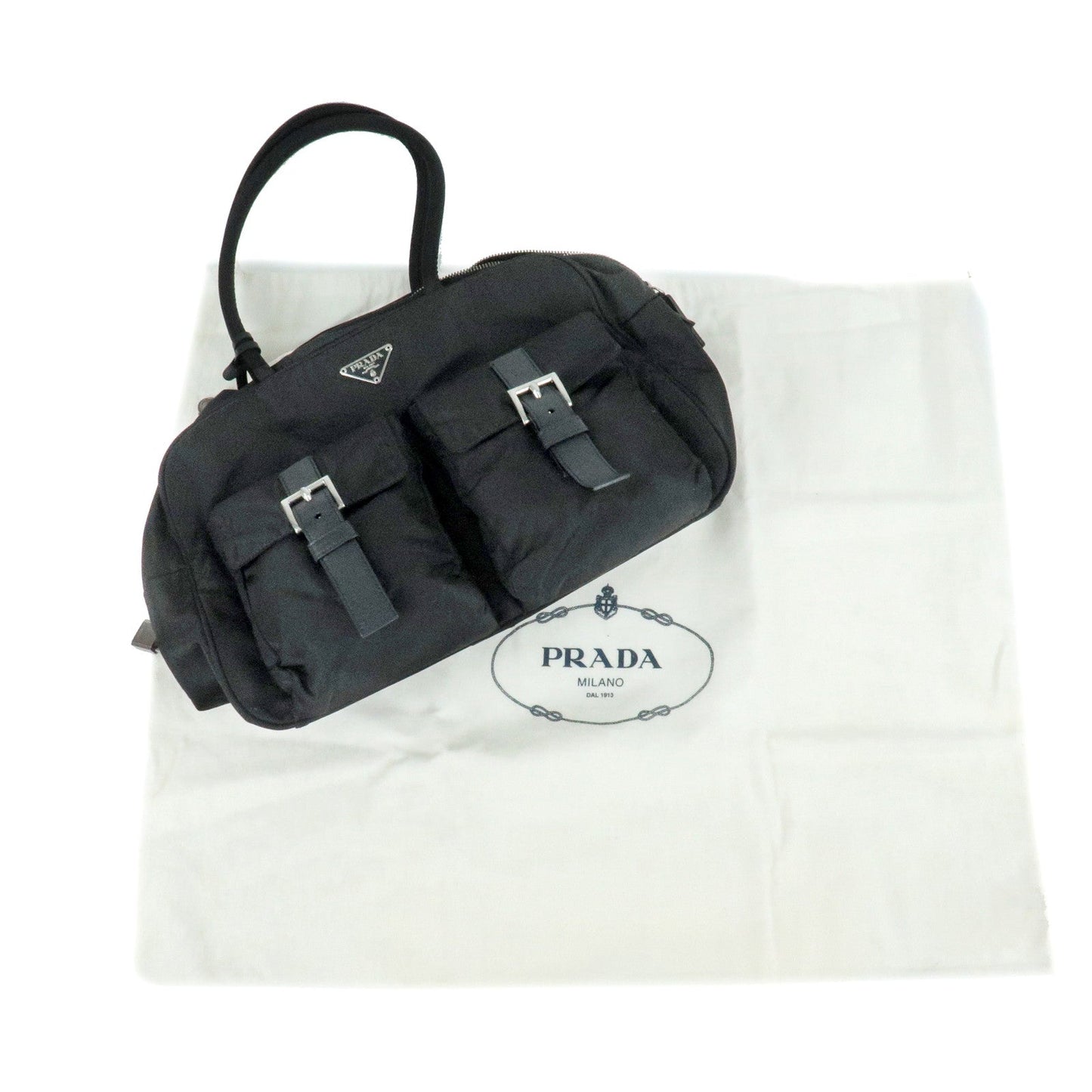 PRADA Logo Nylon Leather Hand Bag Black NERO BR0496