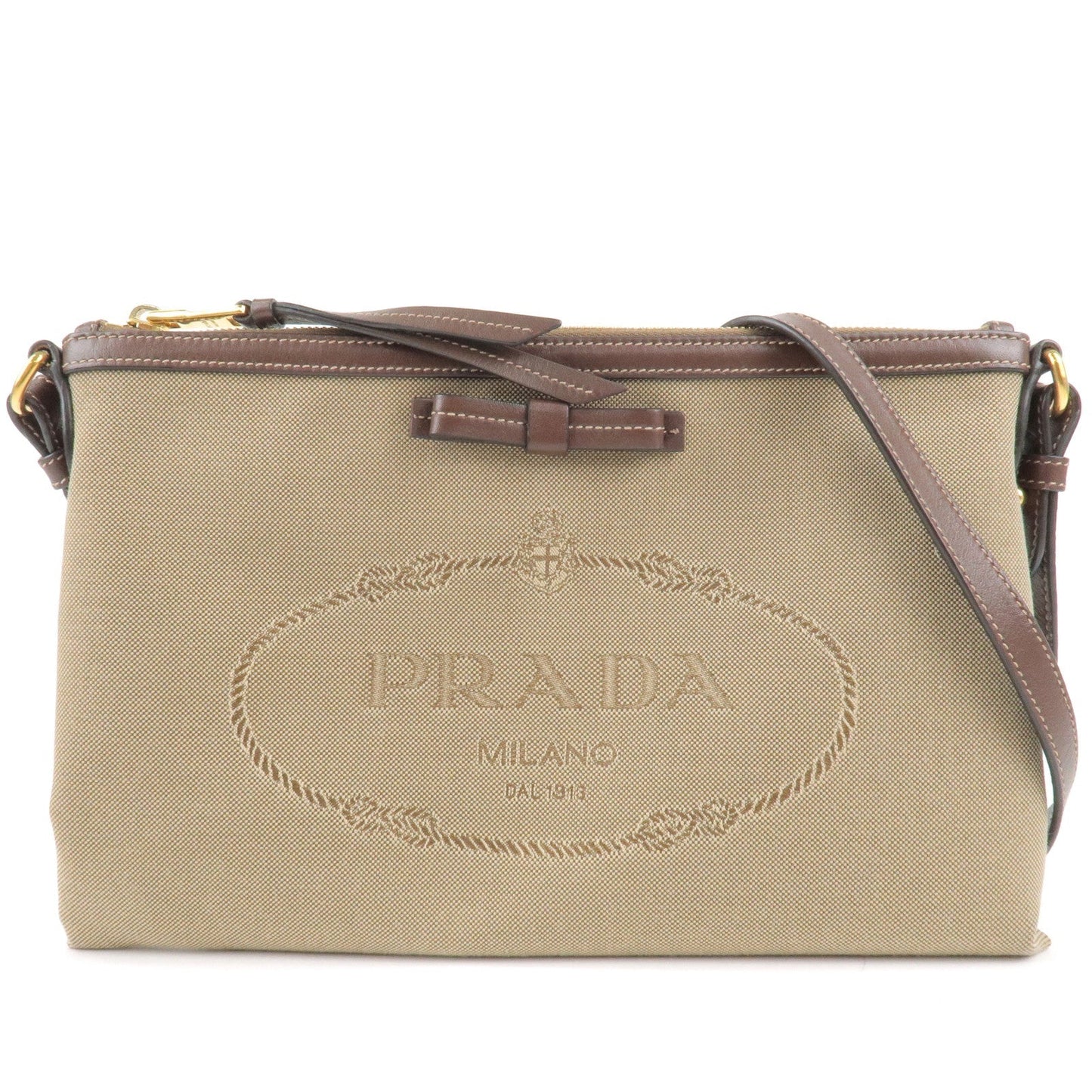 PRADA Logo Jacquard Leather Shoulder Bag Beige Brown