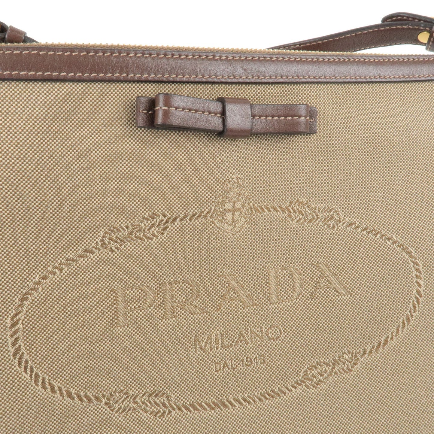 PRADA Logo Jacquard Leather Shoulder Bag Beige Brown