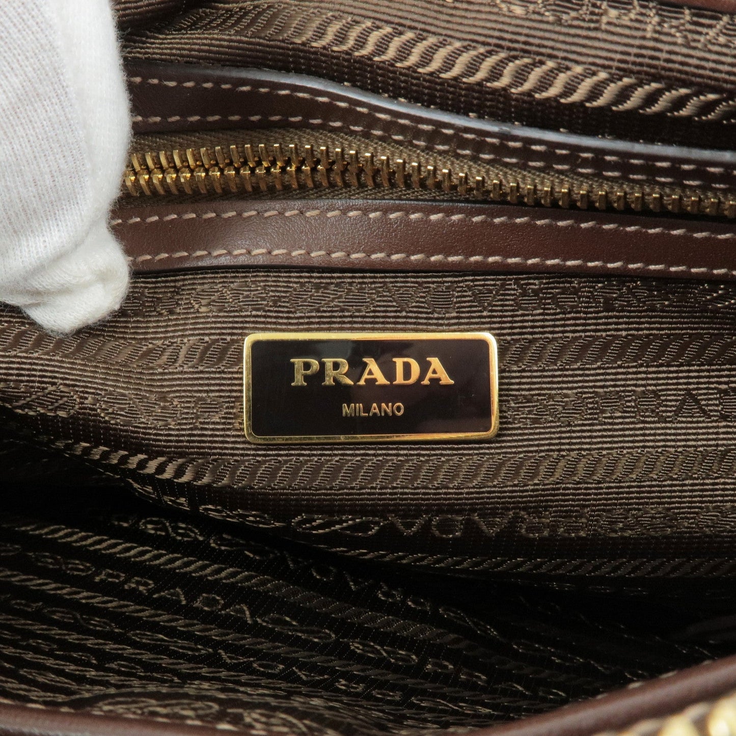 PRADA Logo Jacquard Leather Shoulder Bag Beige Brown