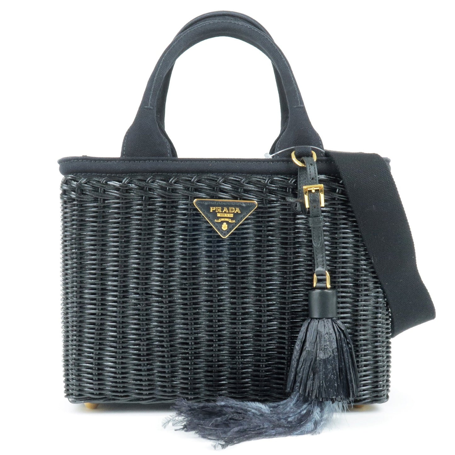 PRADA Wicker Canvas 2Way Basket Bag Hand Bag Nero Black 1BG835