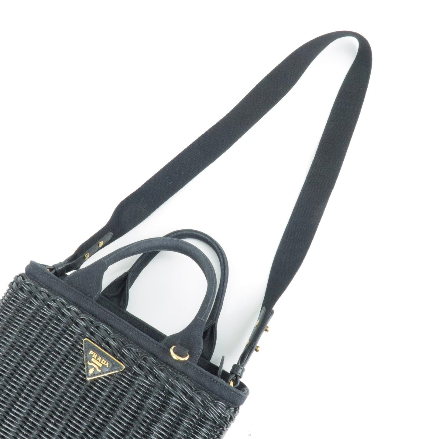 PRADA Wicker Canvas 2Way Basket Bag Hand Bag Nero Black 1BG835