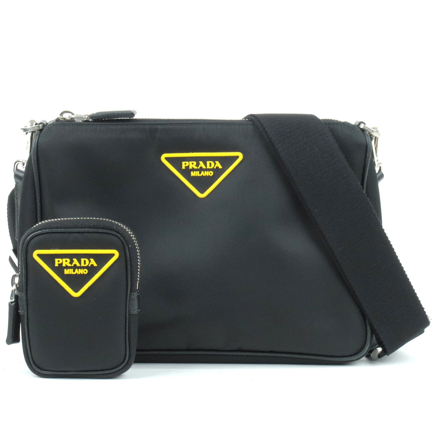 PRADA Logo Nylon Leather Shoulder Bag Black Yellow 2VH113