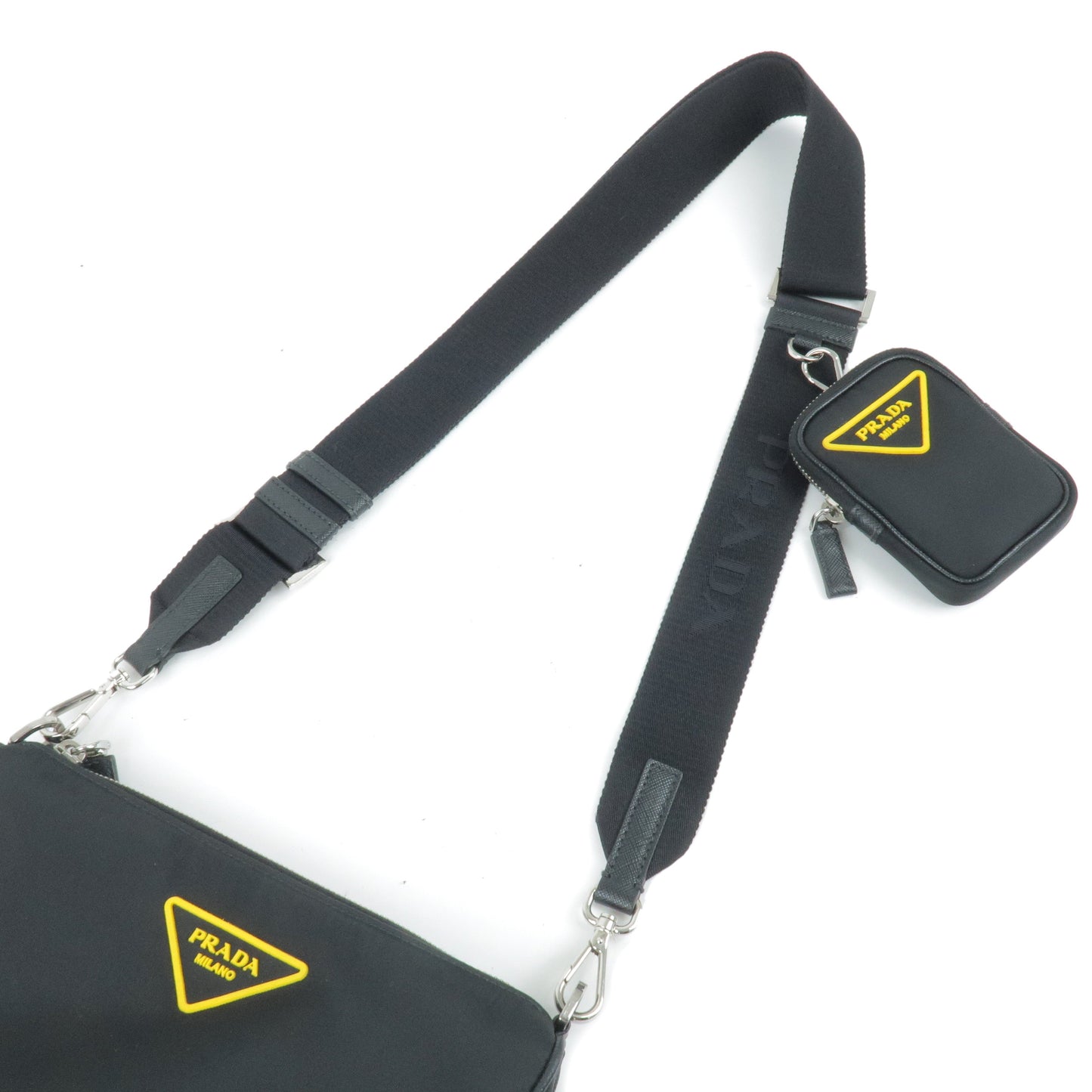 PRADA Logo Nylon Leather Shoulder Bag Black Yellow 2VH113