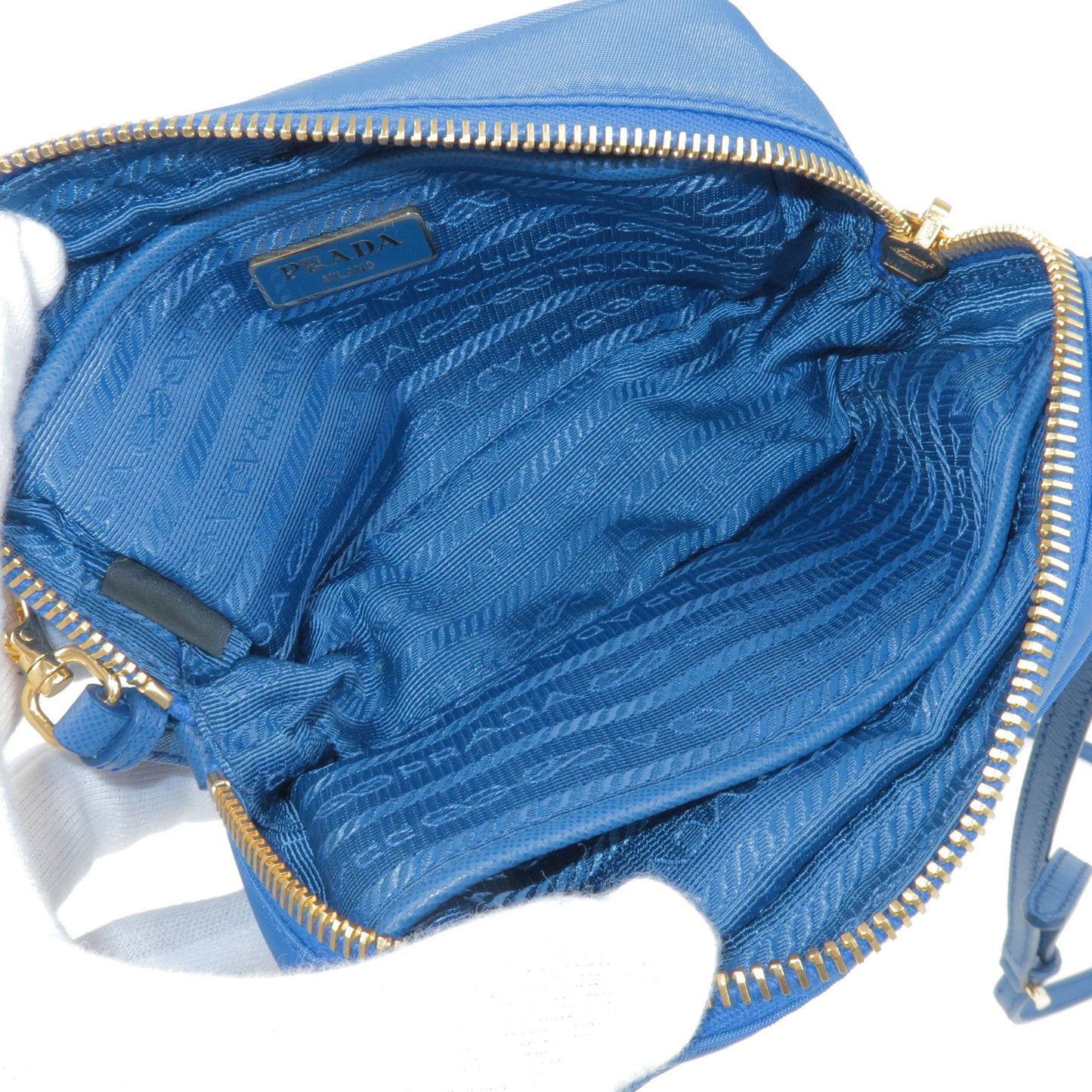 PRADA Logo Nylon Leather Ribbon Shoulder Bag Blue 1N1727