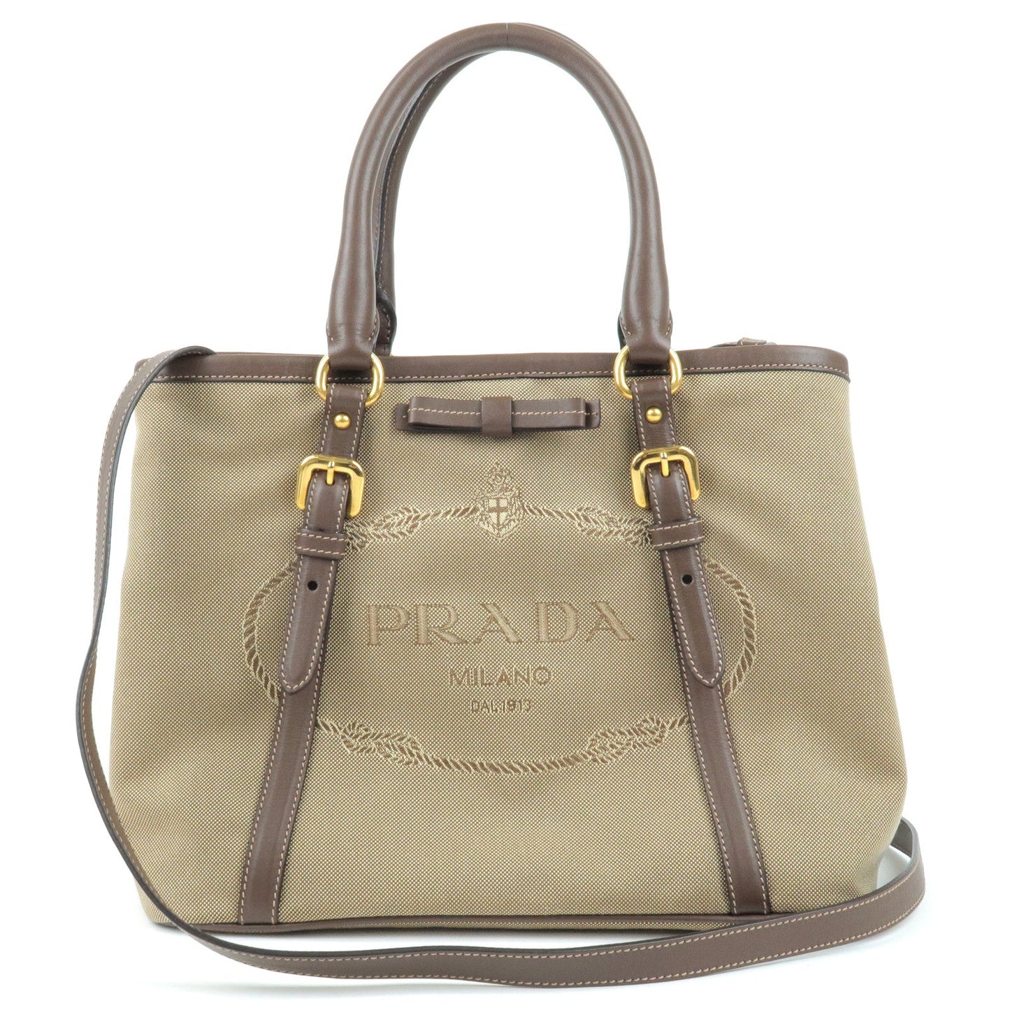 PRADA Logo Jacquard Leather 2Way Bag Hand Bag Beige BN1841