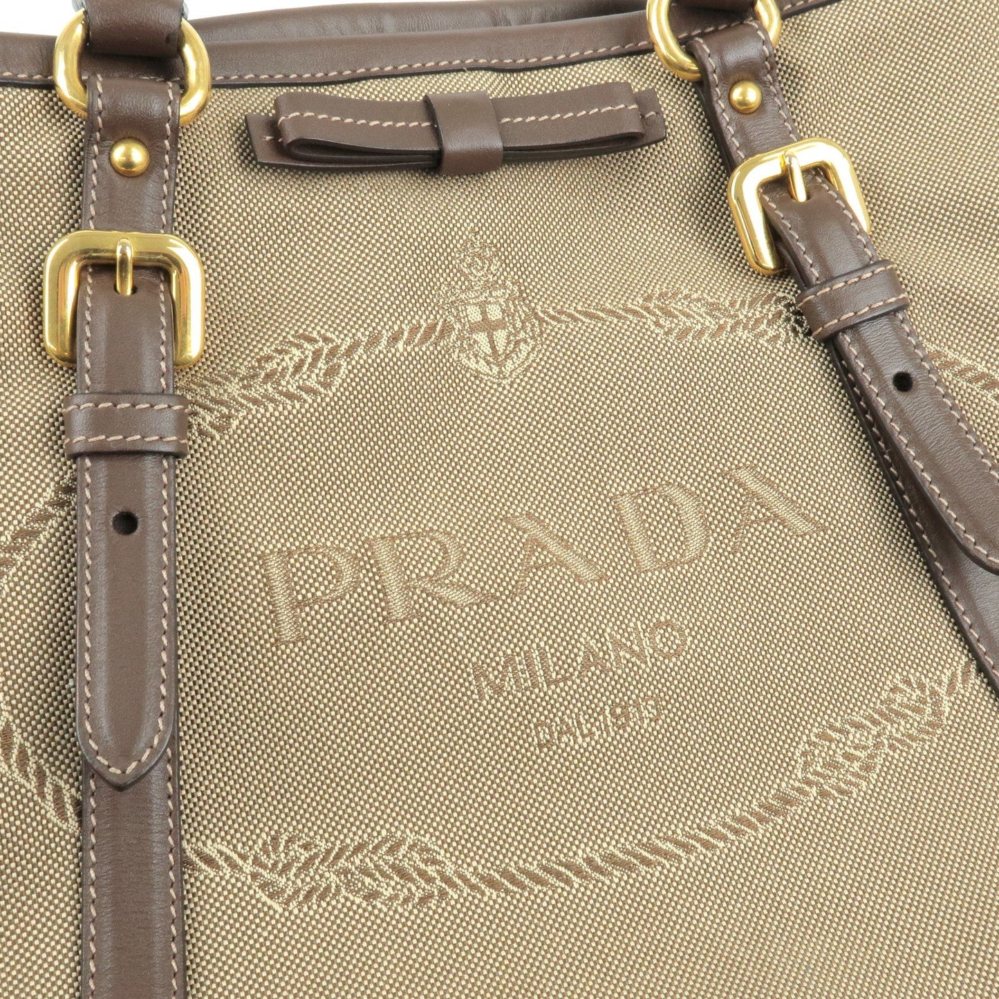 PRADA Logo Jacquard Leather 2Way Bag Hand Bag Beige BN1841