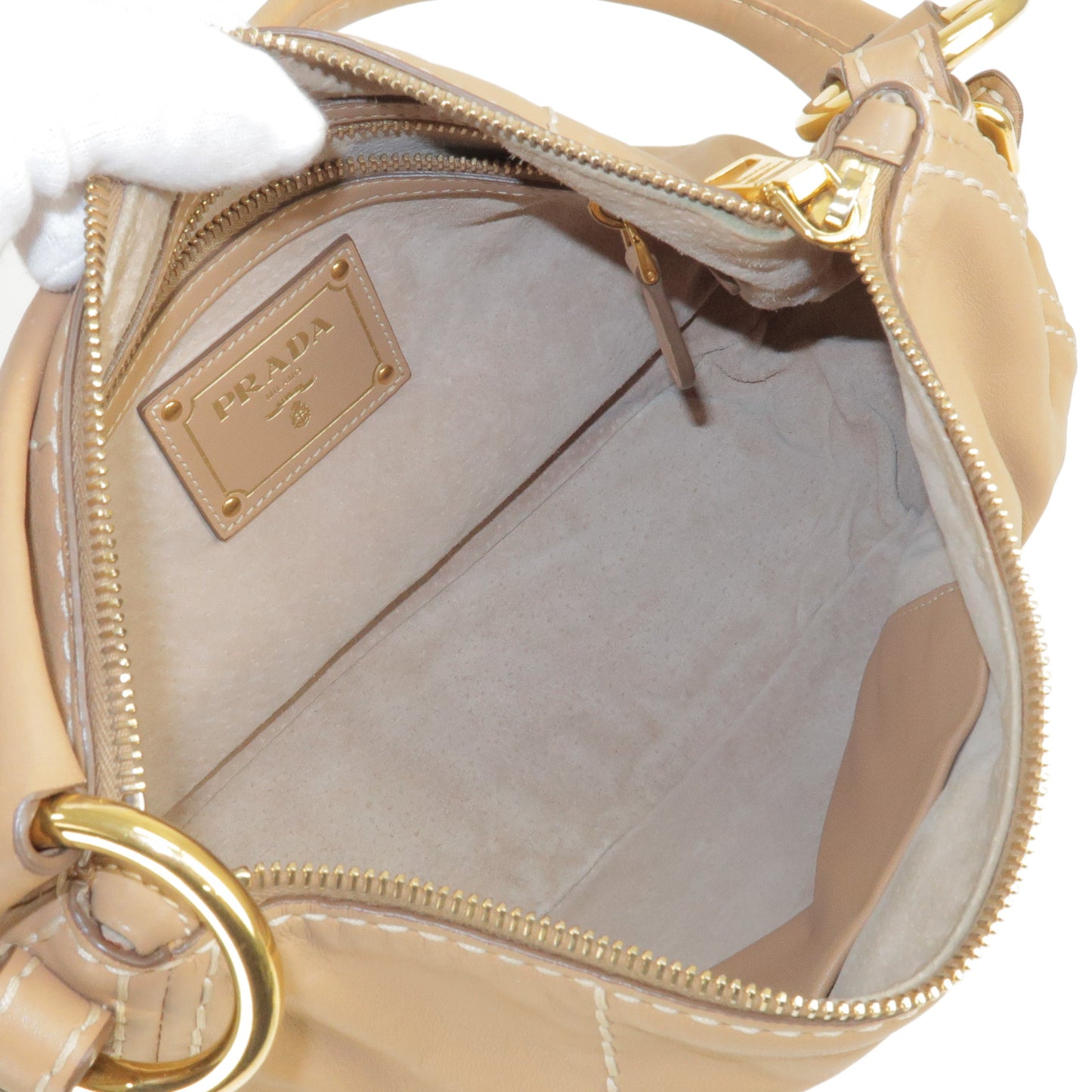 PRADA Logo Leather Shoulder Bag Hand Bag Beige