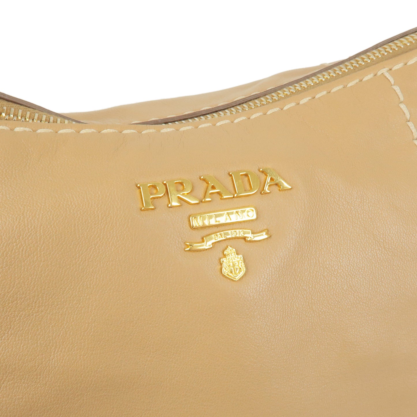 PRADA Logo Leather Shoulder Bag Hand Bag Beige