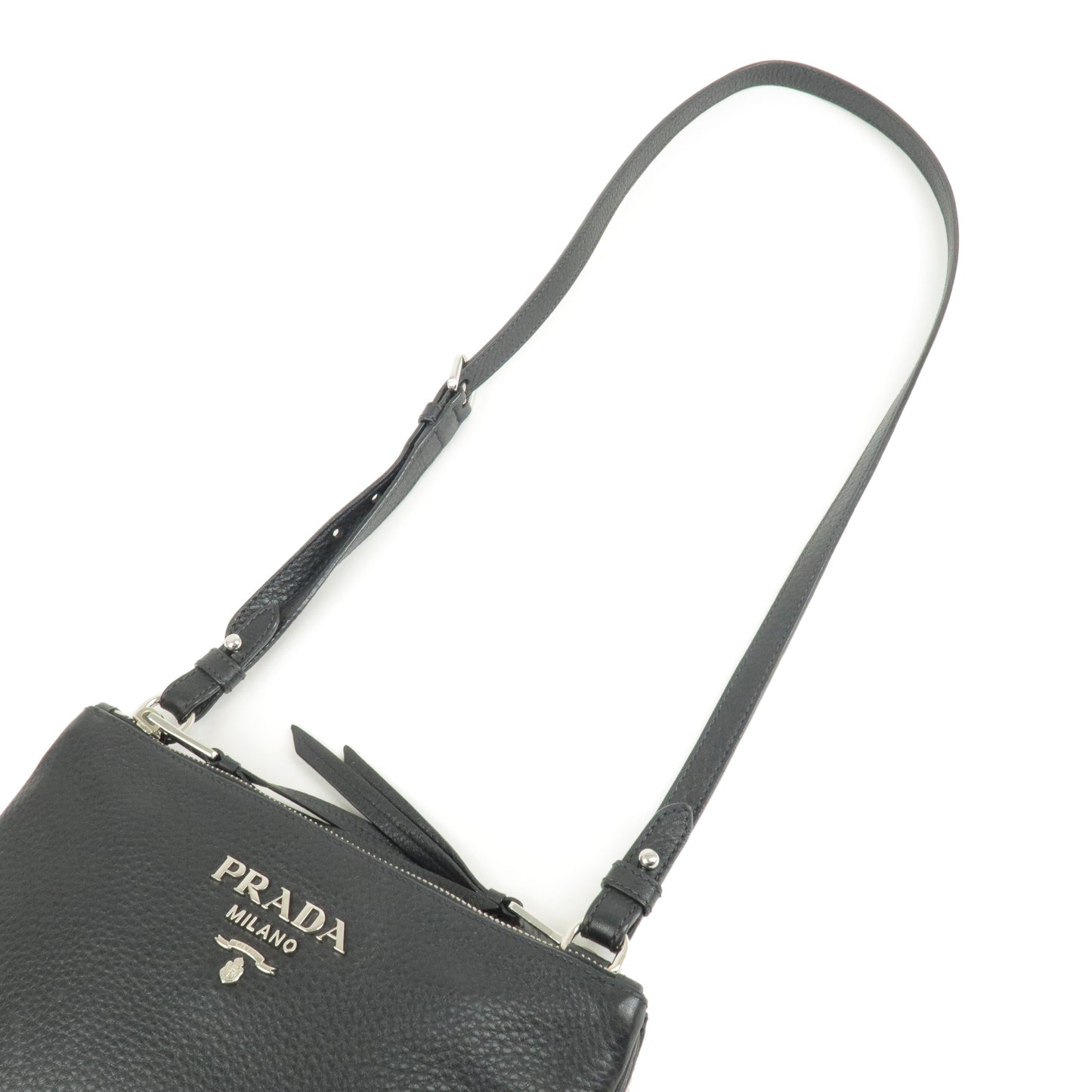 PRADA Logo Leather Shoulder Bag Silver Hardware Black 1BH046