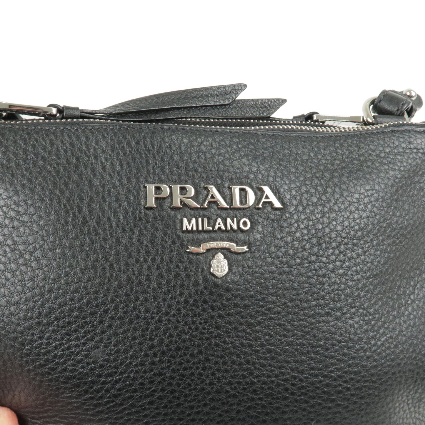 PRADA Logo Leather Shoulder Bag Silver Hardware Black 1BH046