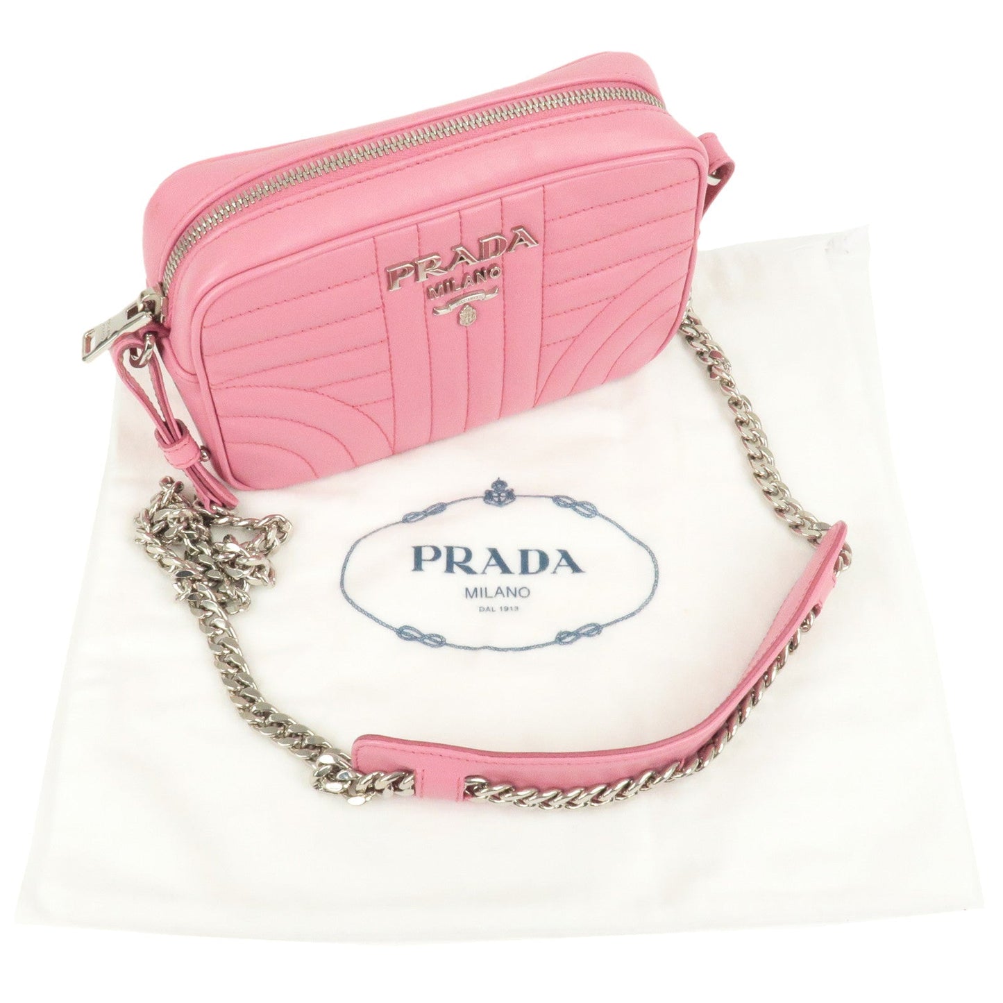 PRADA Logo Diagram Leather Chain Shoulder Bag Pink 1BH083