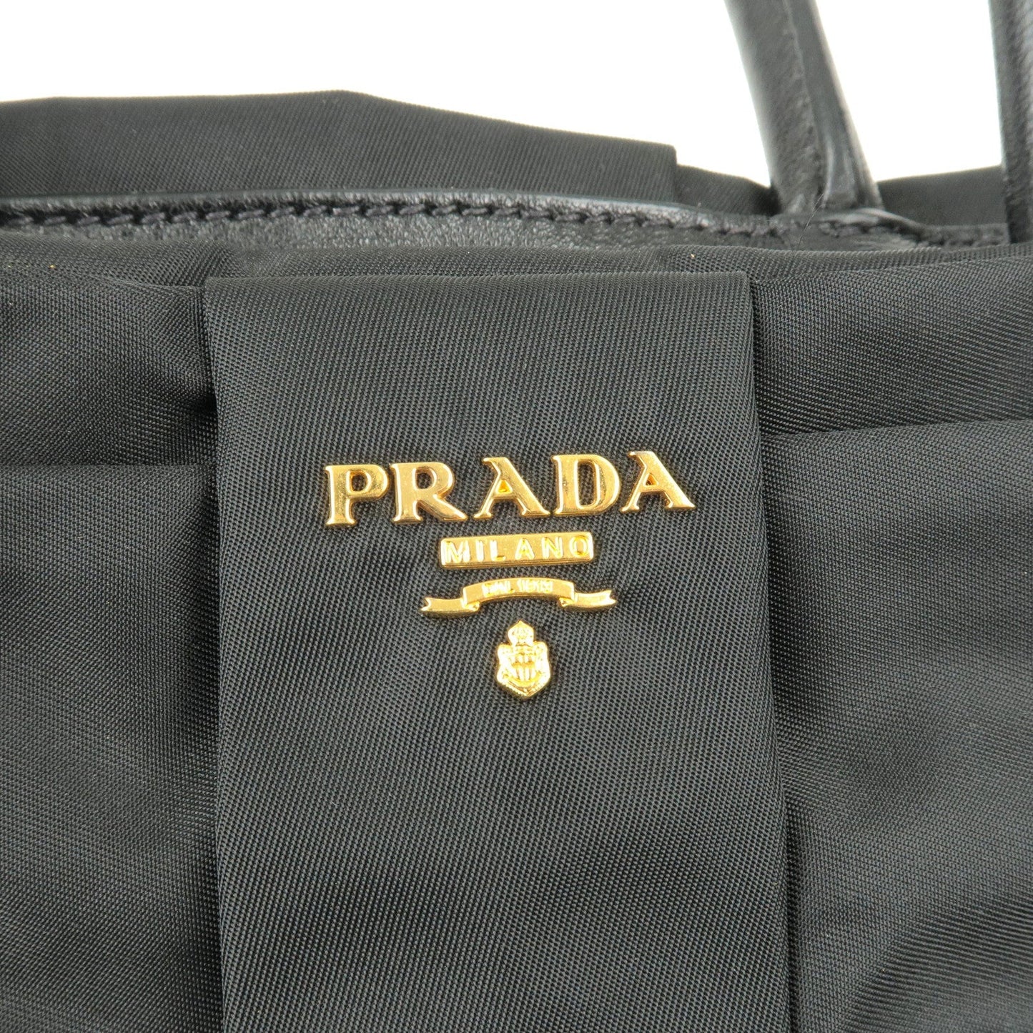 PRADA Logo Nylon Leather Ribbon Tote Bag Black NERO BN1601