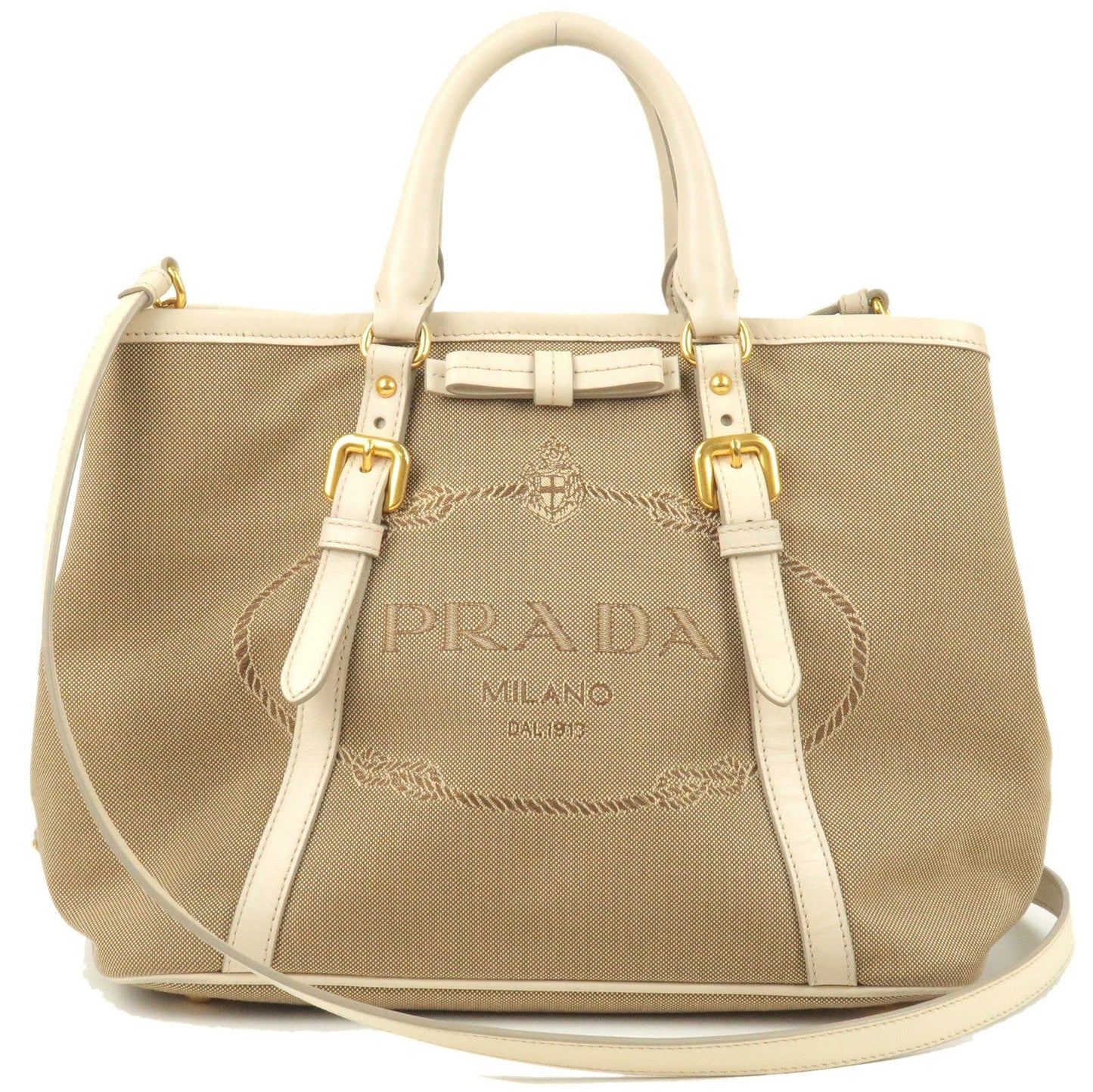 PRADA Logo Jacquard Leather 2Way Bag Hand Bag Beige BN1841