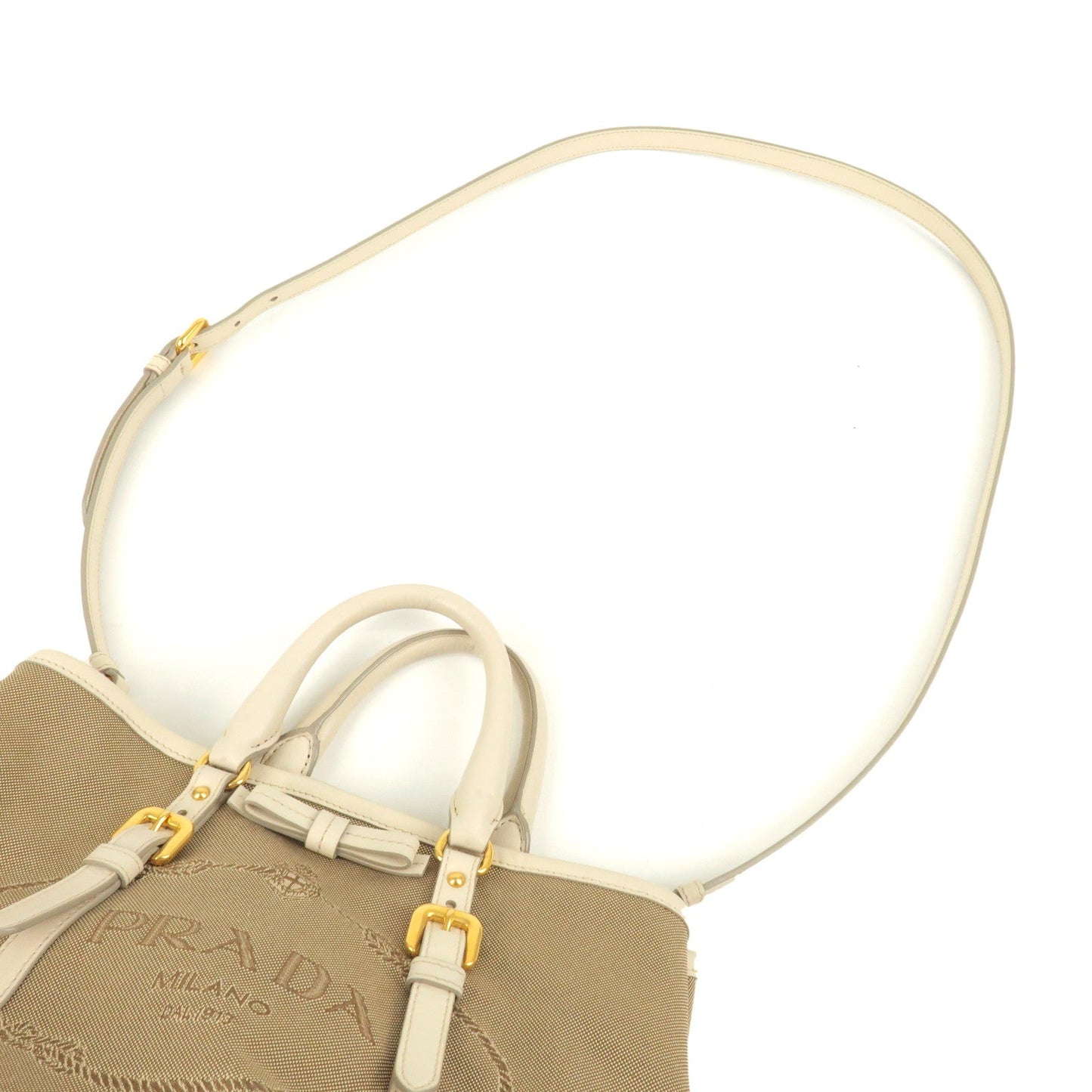 PRADA Logo Jacquard Leather 2Way Bag Hand Bag Beige BN1841