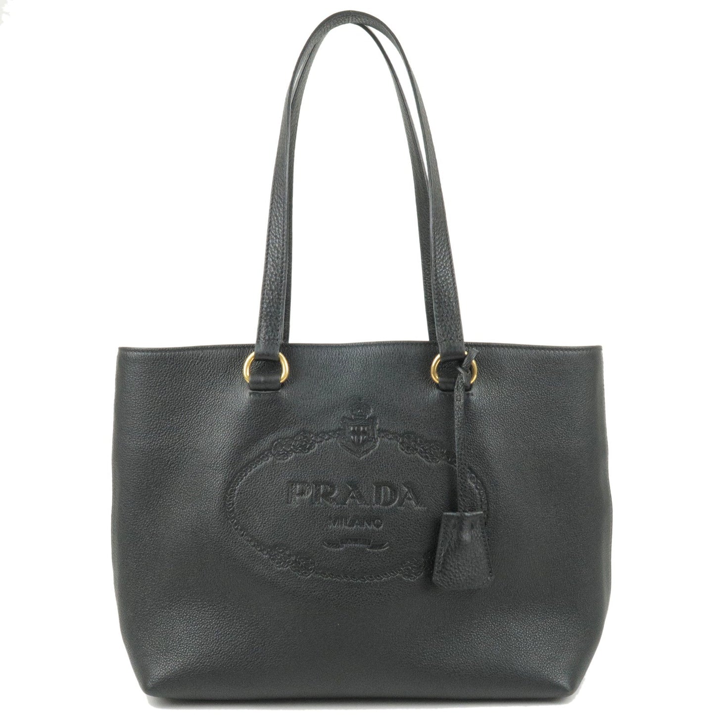 PRADA Logo Leather Tote Bag Shoulder Bag NERO Black 1BG100