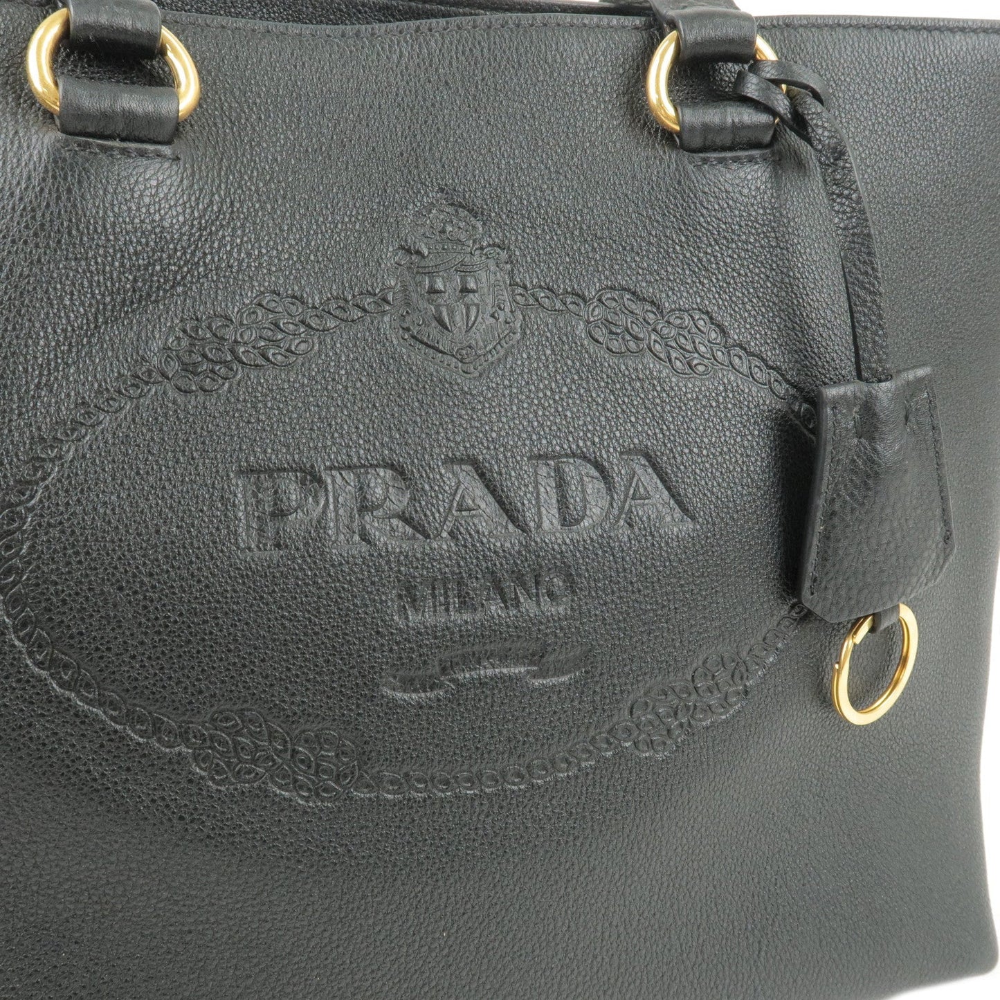 PRADA Logo Leather Tote Bag Shoulder Bag NERO Black 1BG100