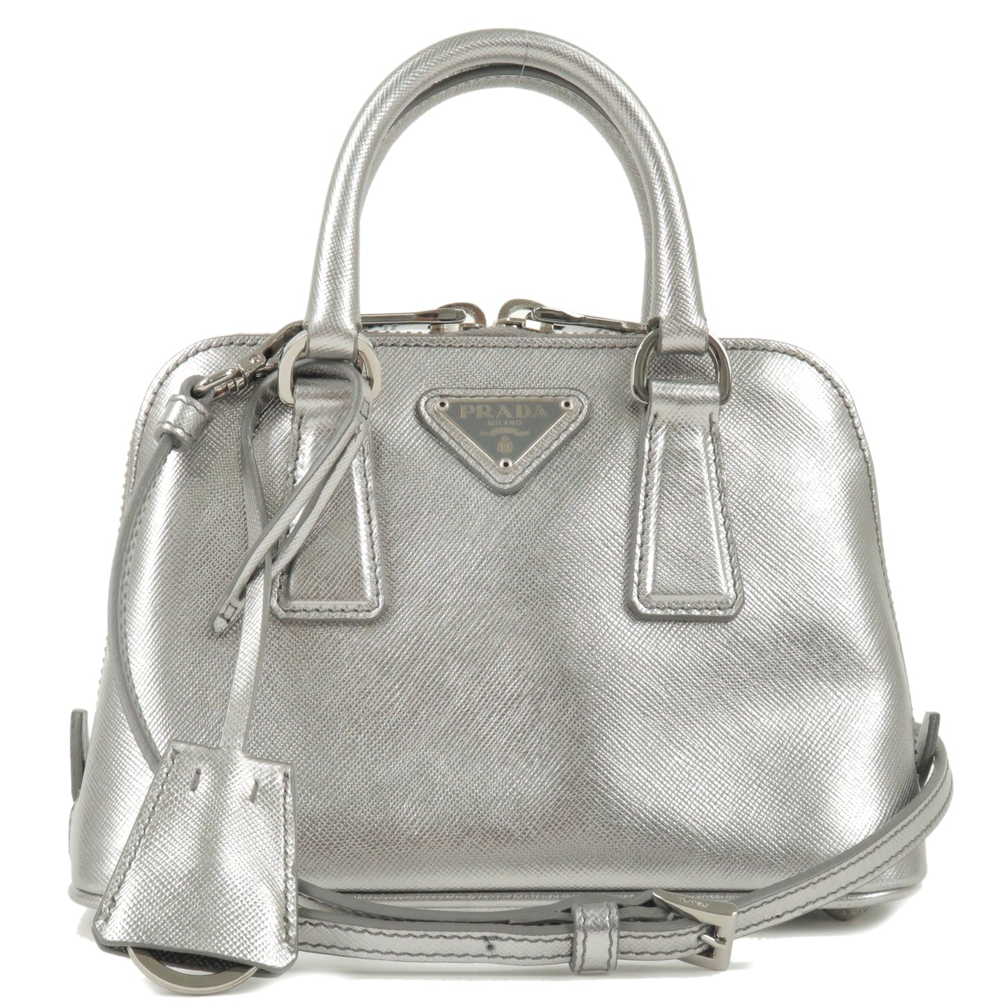 PRADA Leather Mini Promenade 2Way Bag Hand Bag Silver 1BH851