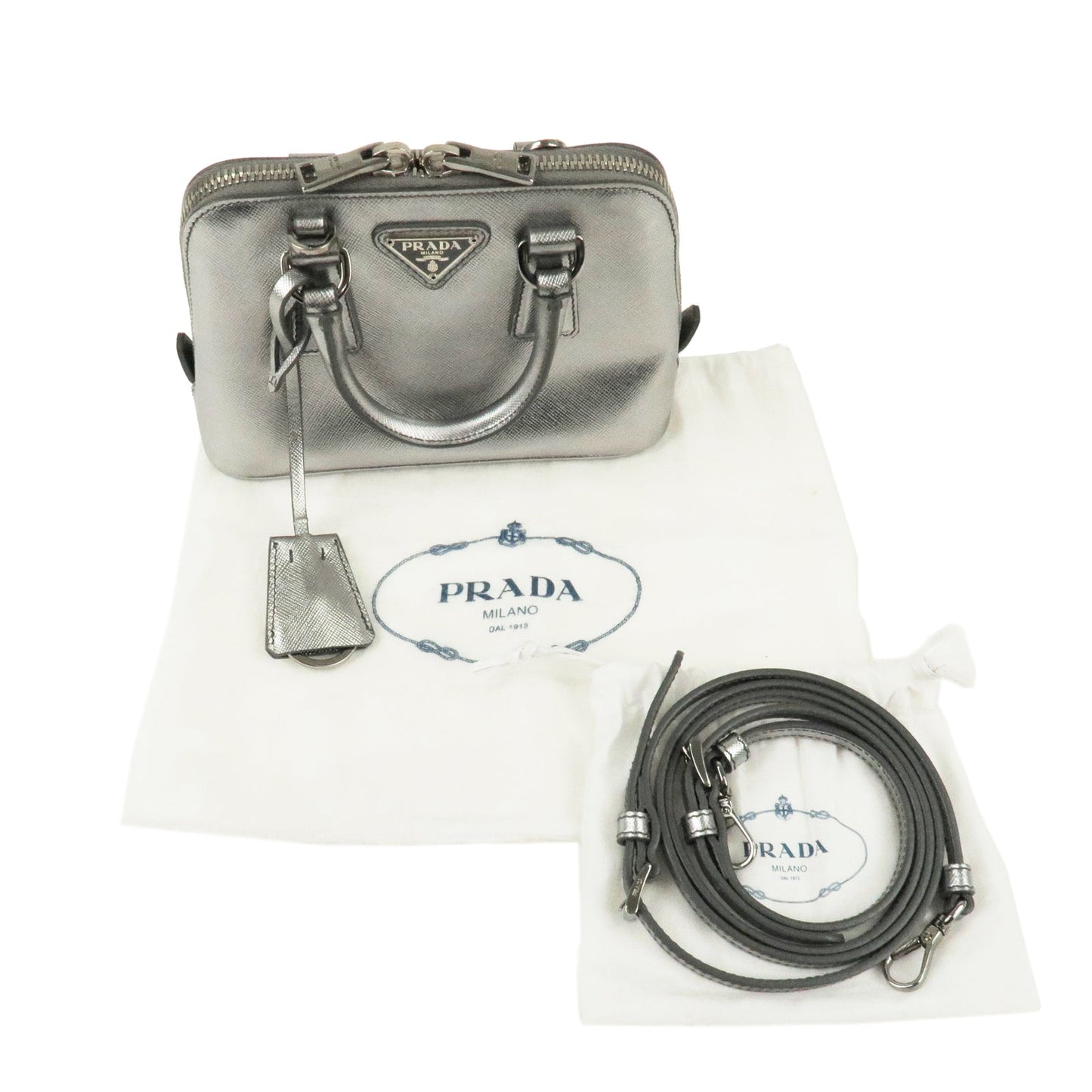 PRADA Leather Mini Promenade 2Way Bag Hand Bag Silver 1BH851