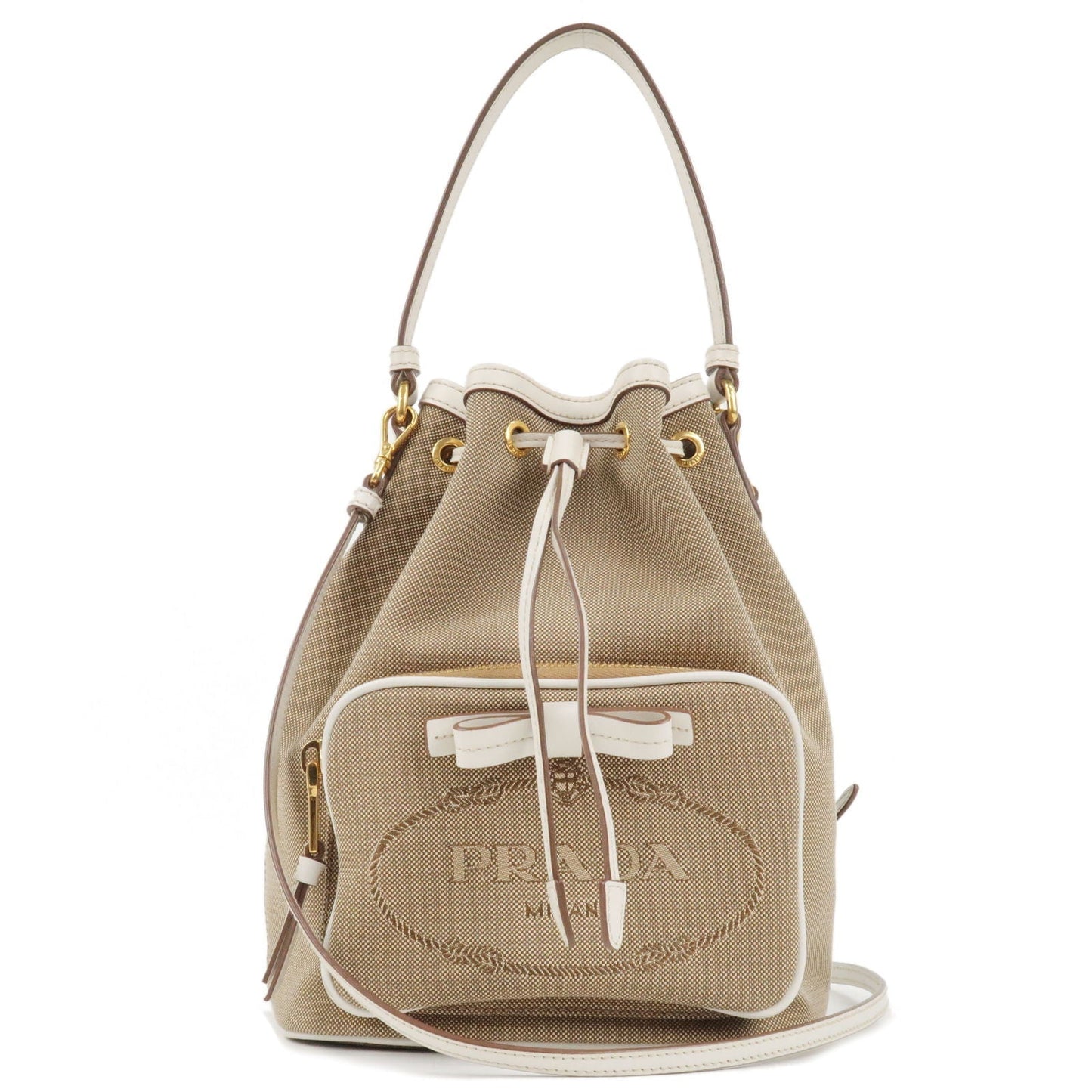 PRADA Logo Jacquard Leather 2Way Bag Hand Bag Beige 1BH038