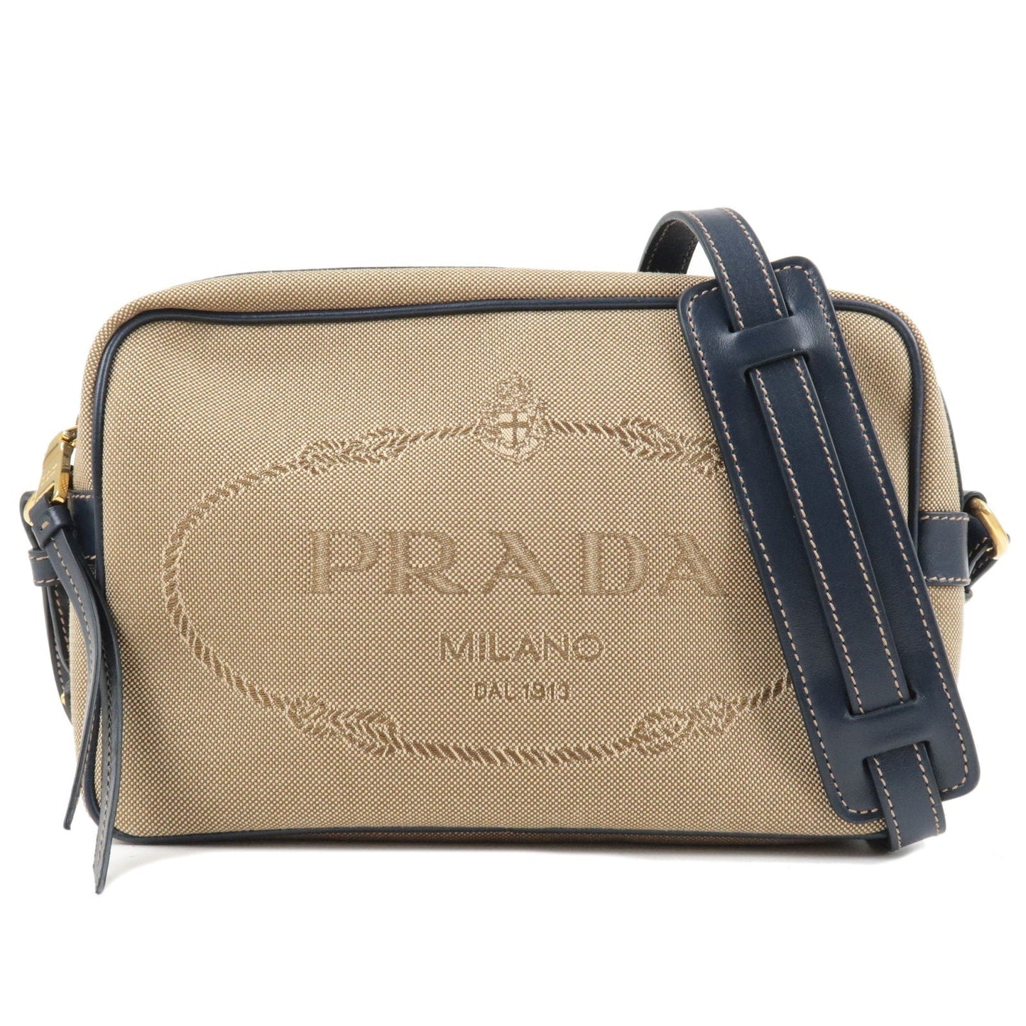 PRADA Logo Jacquard Leather Shoulder Bag Beige Navy 1BH089