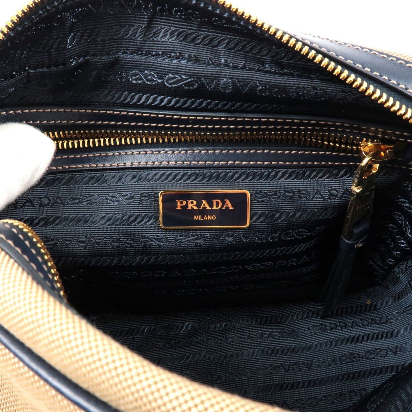 PRADA Logo Jacquard Leather Shoulder Bag Beige Navy 1BH089