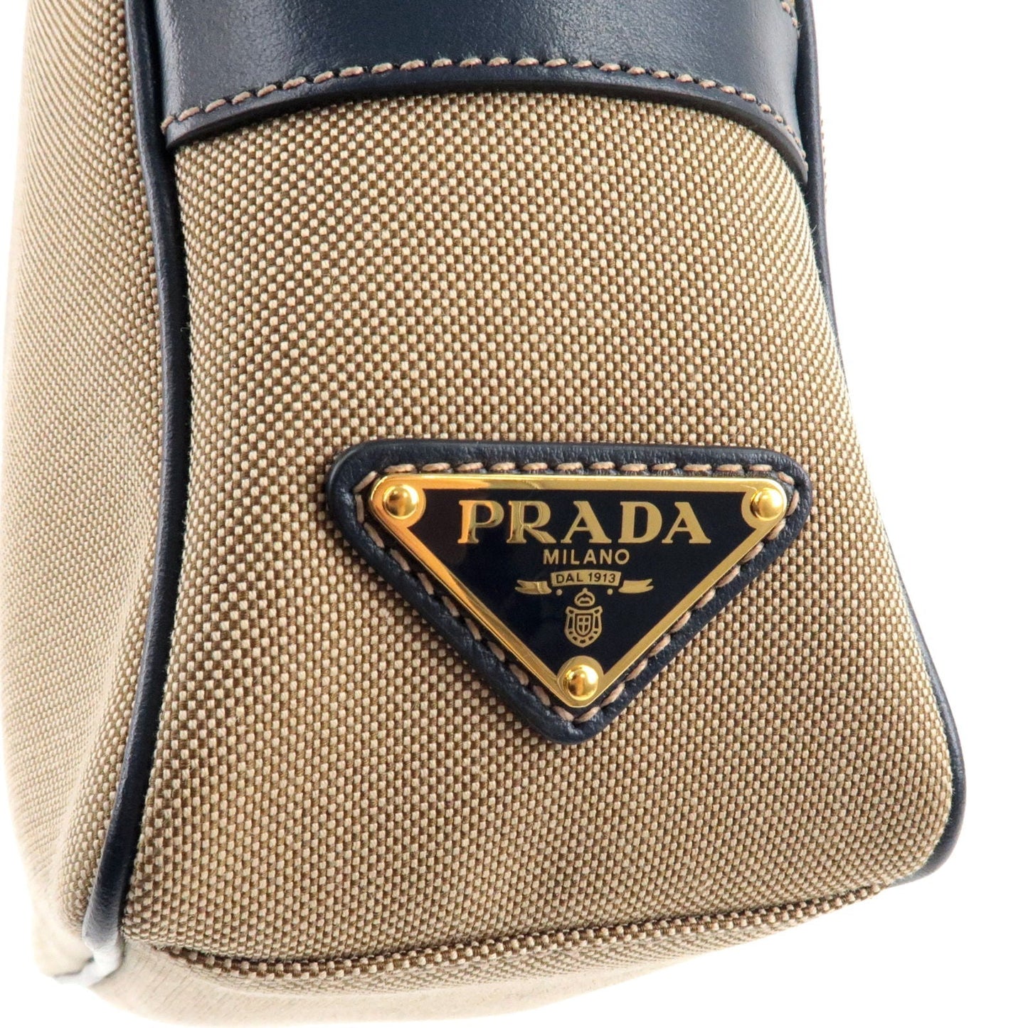 PRADA Logo Jacquard Leather Shoulder Bag Beige Navy 1BH089