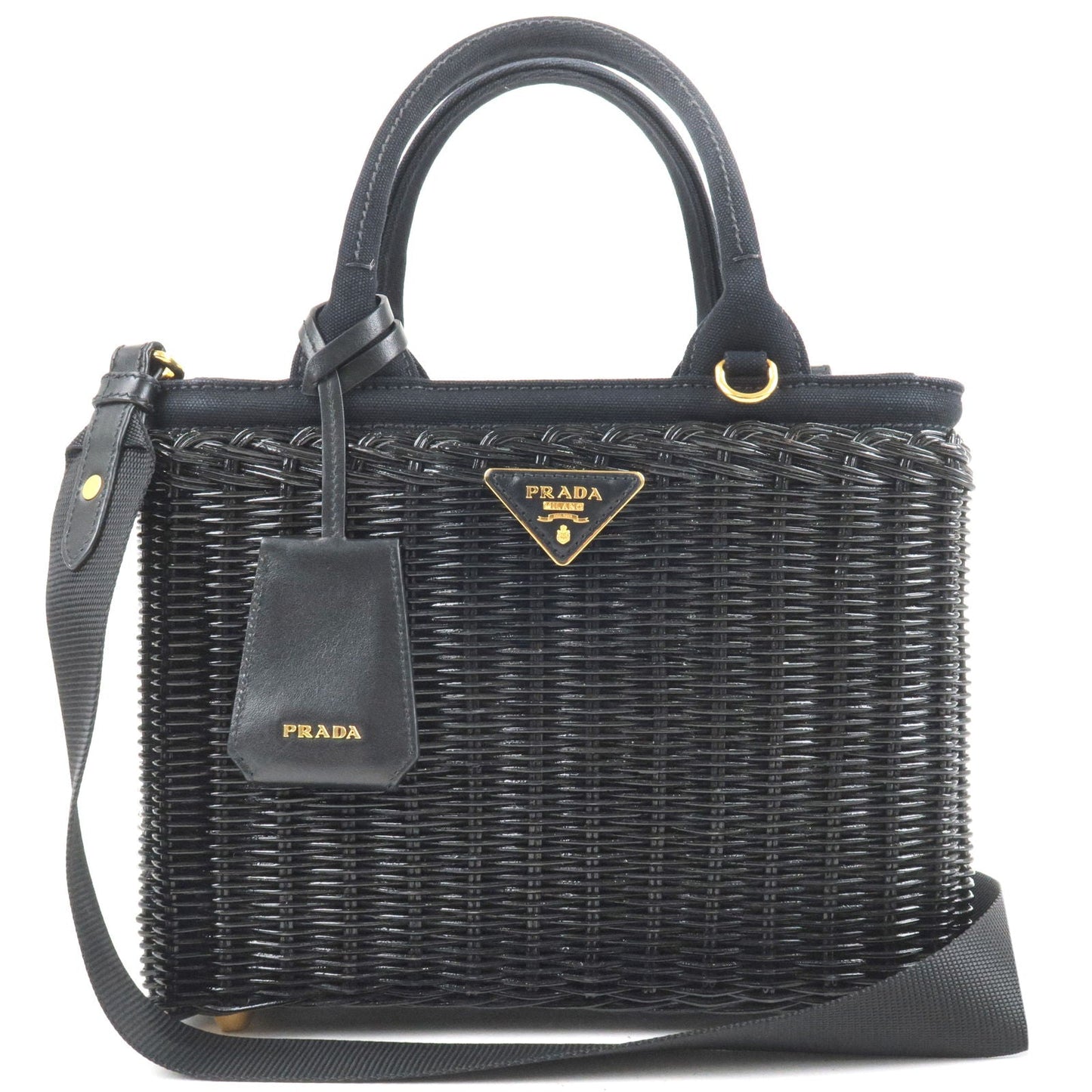 PRADA Wicker Canvas 2Way Basket Bag Hand Bag Black 1BG835